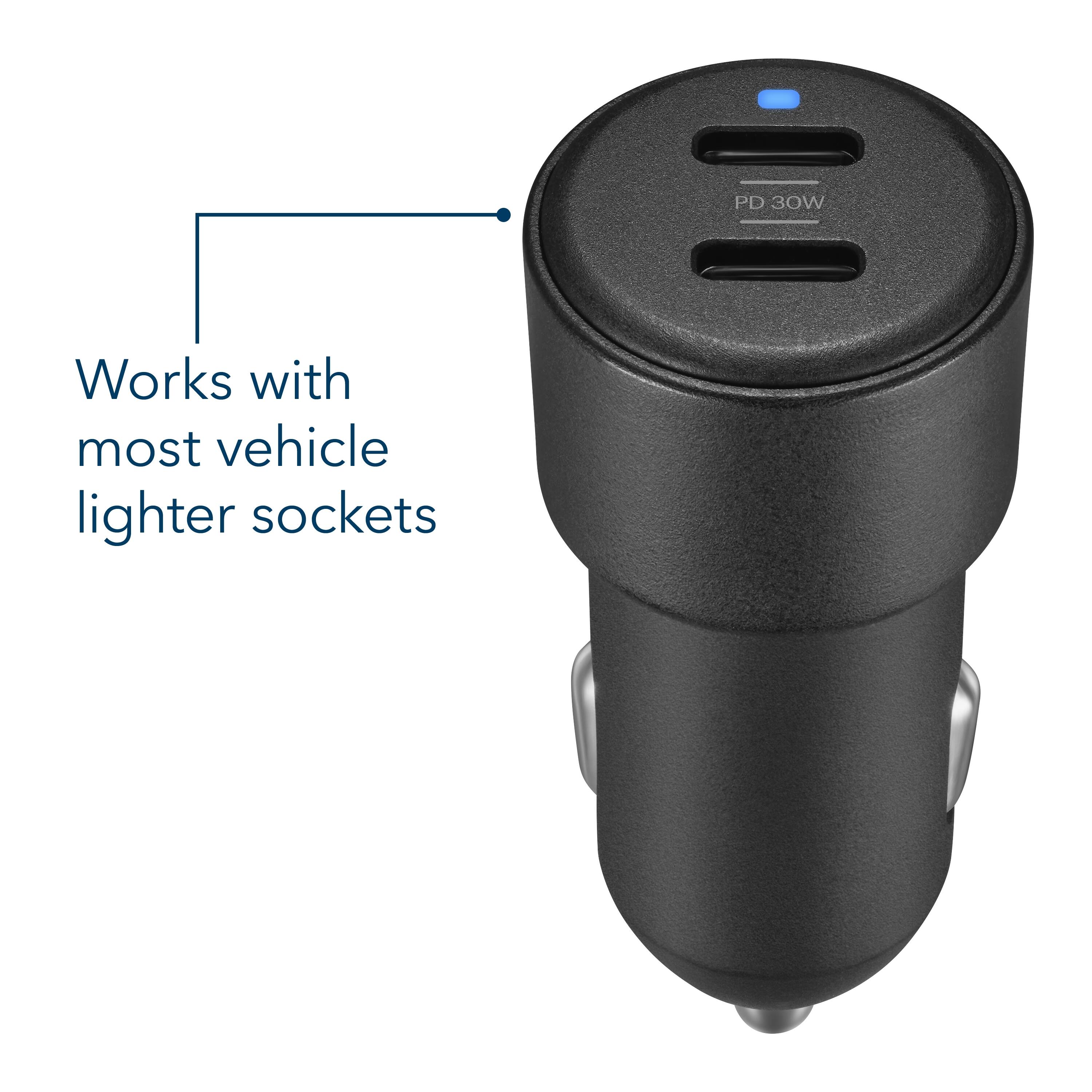 The text on the image reads "PD 30W Works with most vehicle lighter sockets."