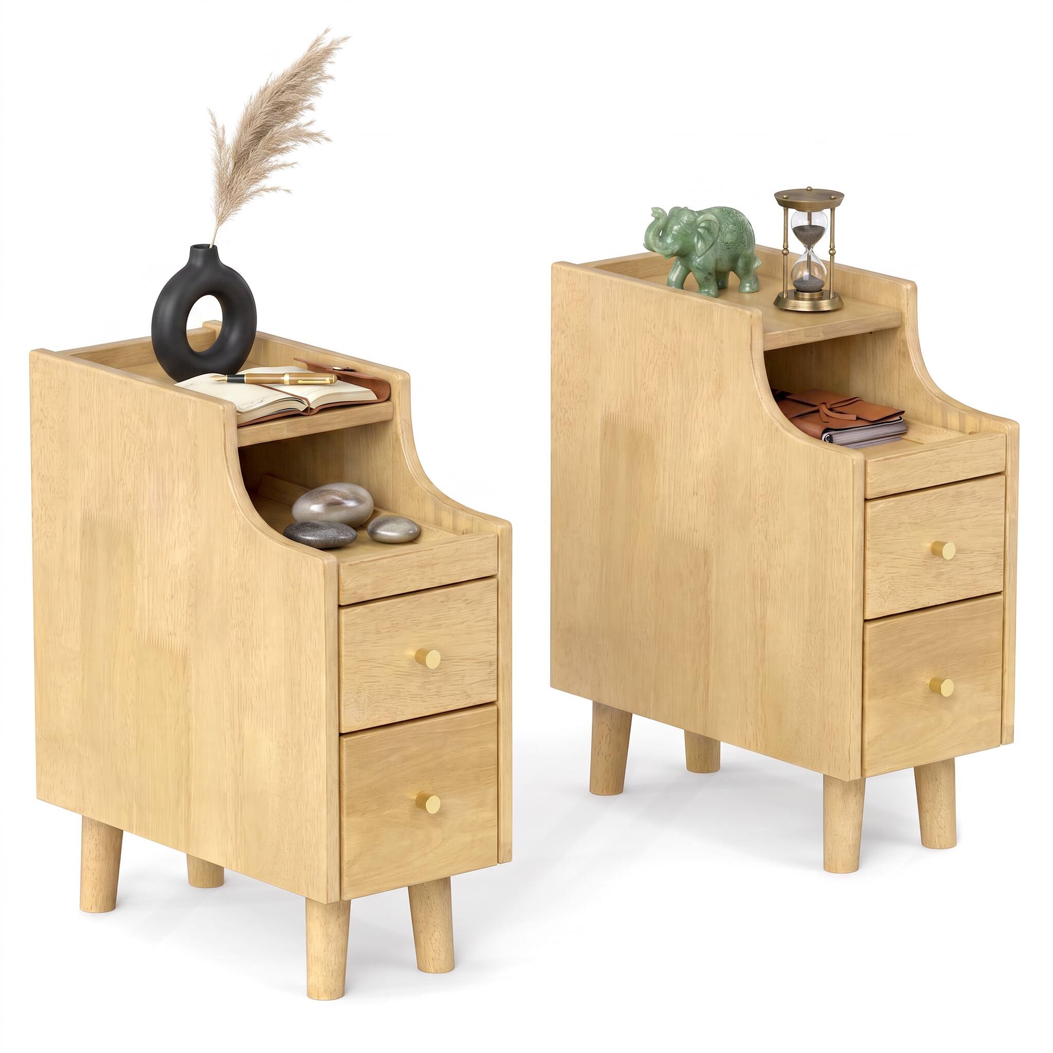 Alt View 1. WELLFOR - Set of 2 Solid Wood Nightstands with Pull-out Tray and 2 Storage Drawers - Natural.