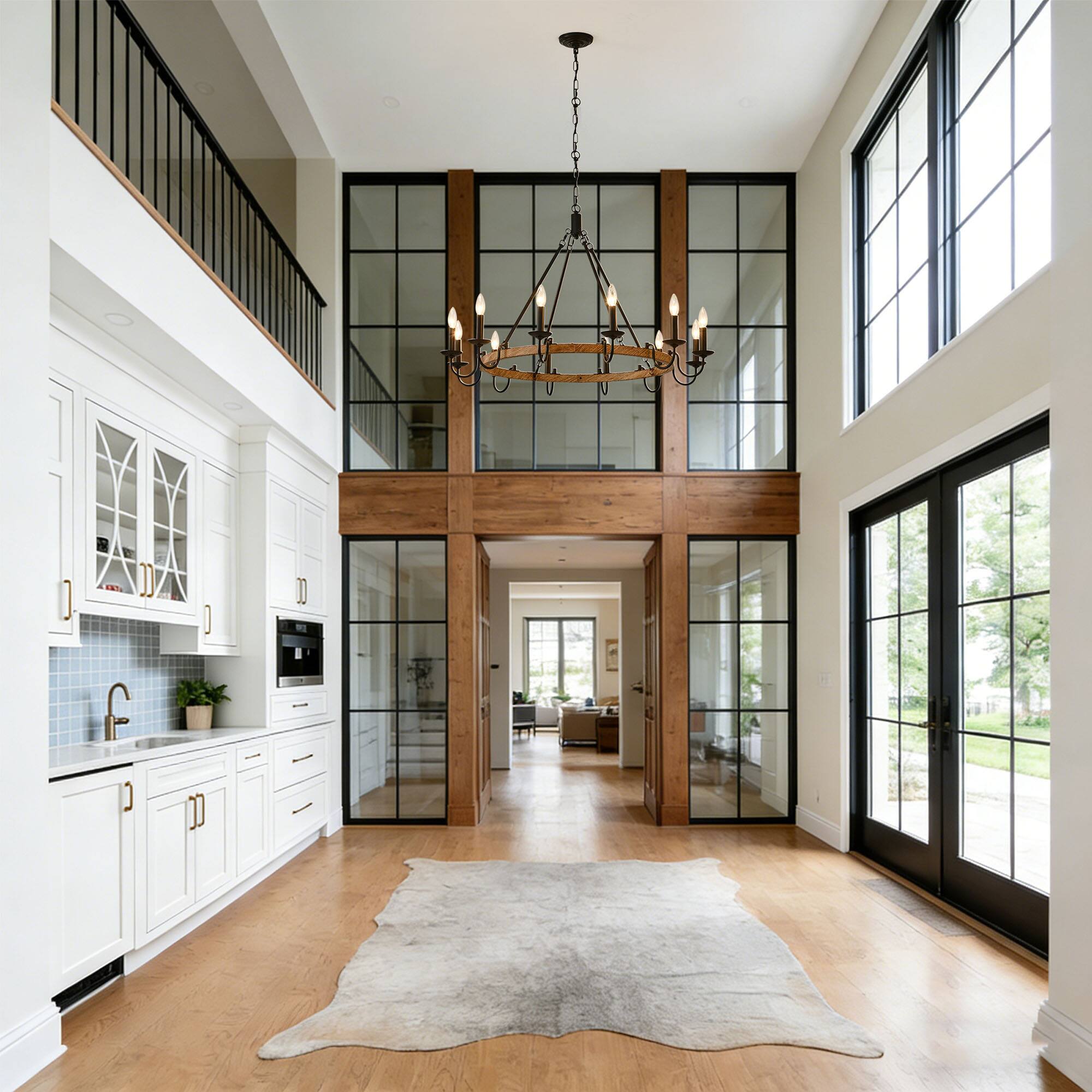 Back. RYHNUYNE - BAOURE 12-Light Rustic Wagon Wheel Chandelier,Farmhouse Dining Room Light Fixture,Round Wood Chandelier for Living Room - Black.