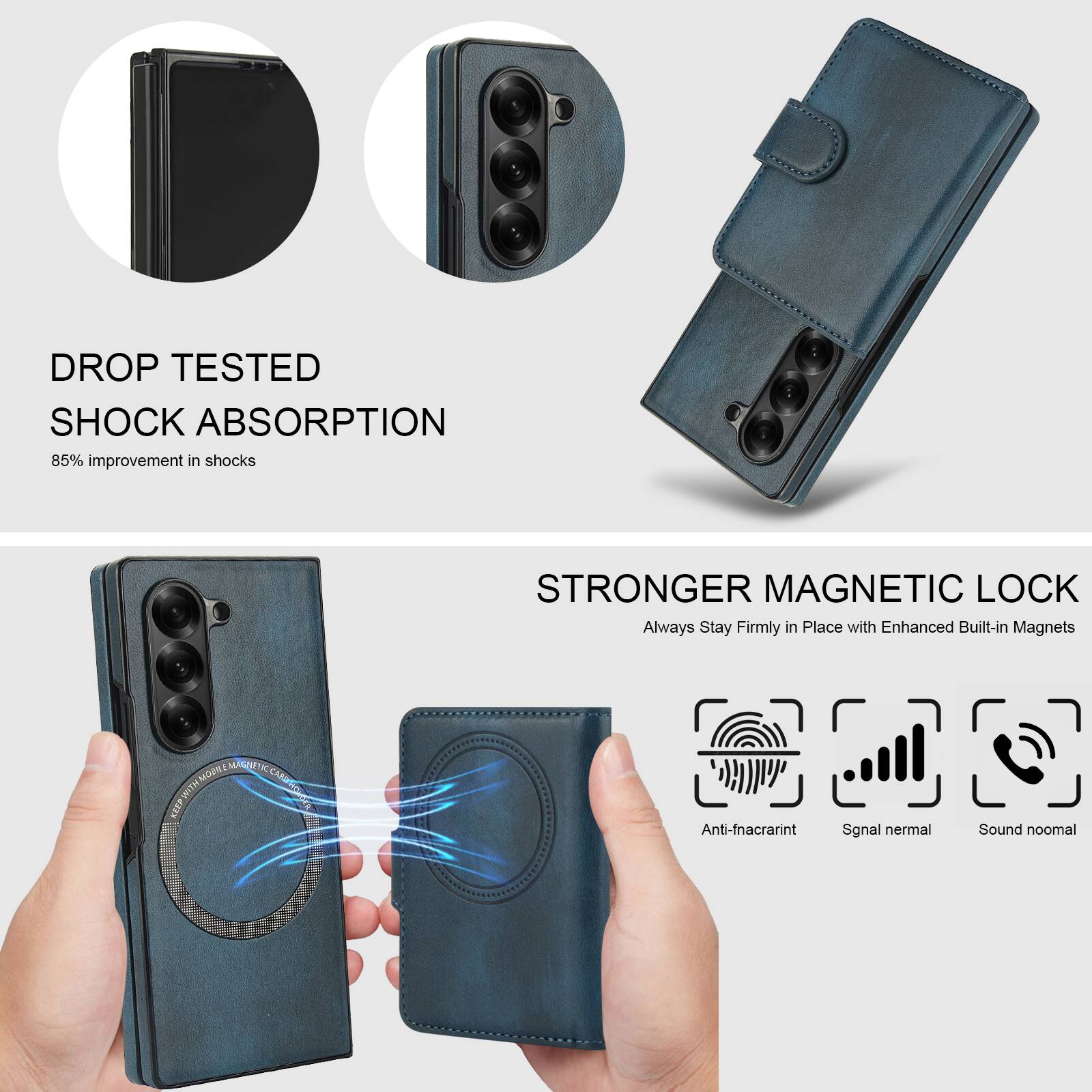 DROP TESTED  
SHOCK ABSORPTION  
85% improvement in shocks  

STRONGER MAGNETIC LOCK  
Always Stay Firmly in Place with Enhanced Built-in Magnets  

Anti-fingerprint  
Signal normal  
Sound normal