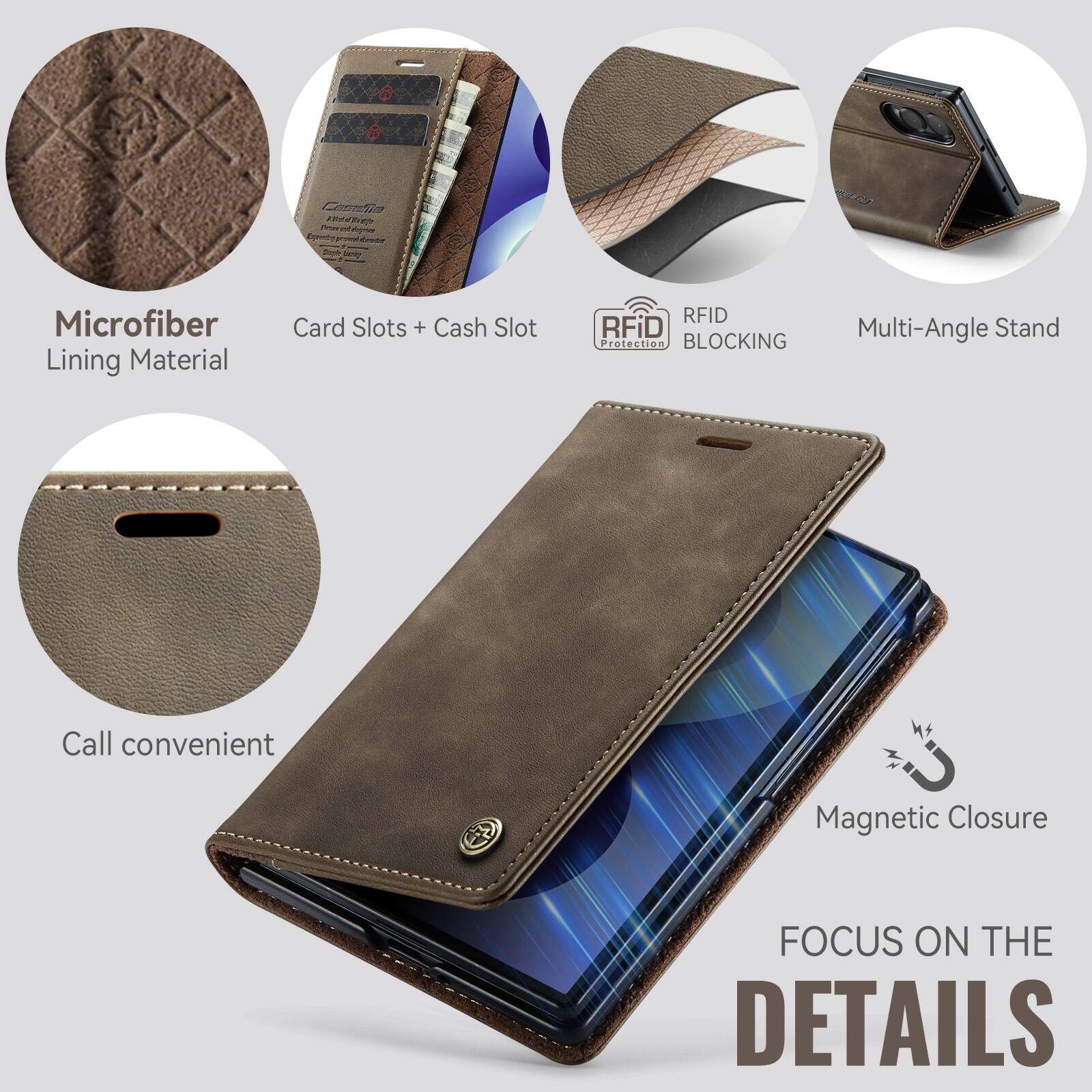 CasaMe INTENTING ed rynce

Microfiber Lining Material
Card Slots + Cash Slot
RFID Protection BLOCKING
Multi-Angle Stand
Call convenient
Magnetic Closure
FOCUS ON THE DETAILS