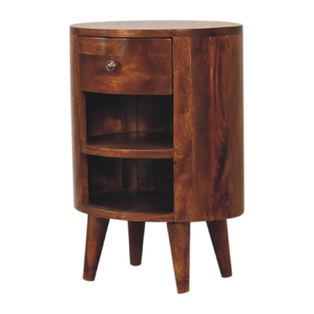 Left. Artisan Furniture - Artisan Furniture Solid Wood Cortez Chestnut Nightstand, 1 Drawer, 2 Open Slot, Nordic Legs, Dark Brown - Chestnut.