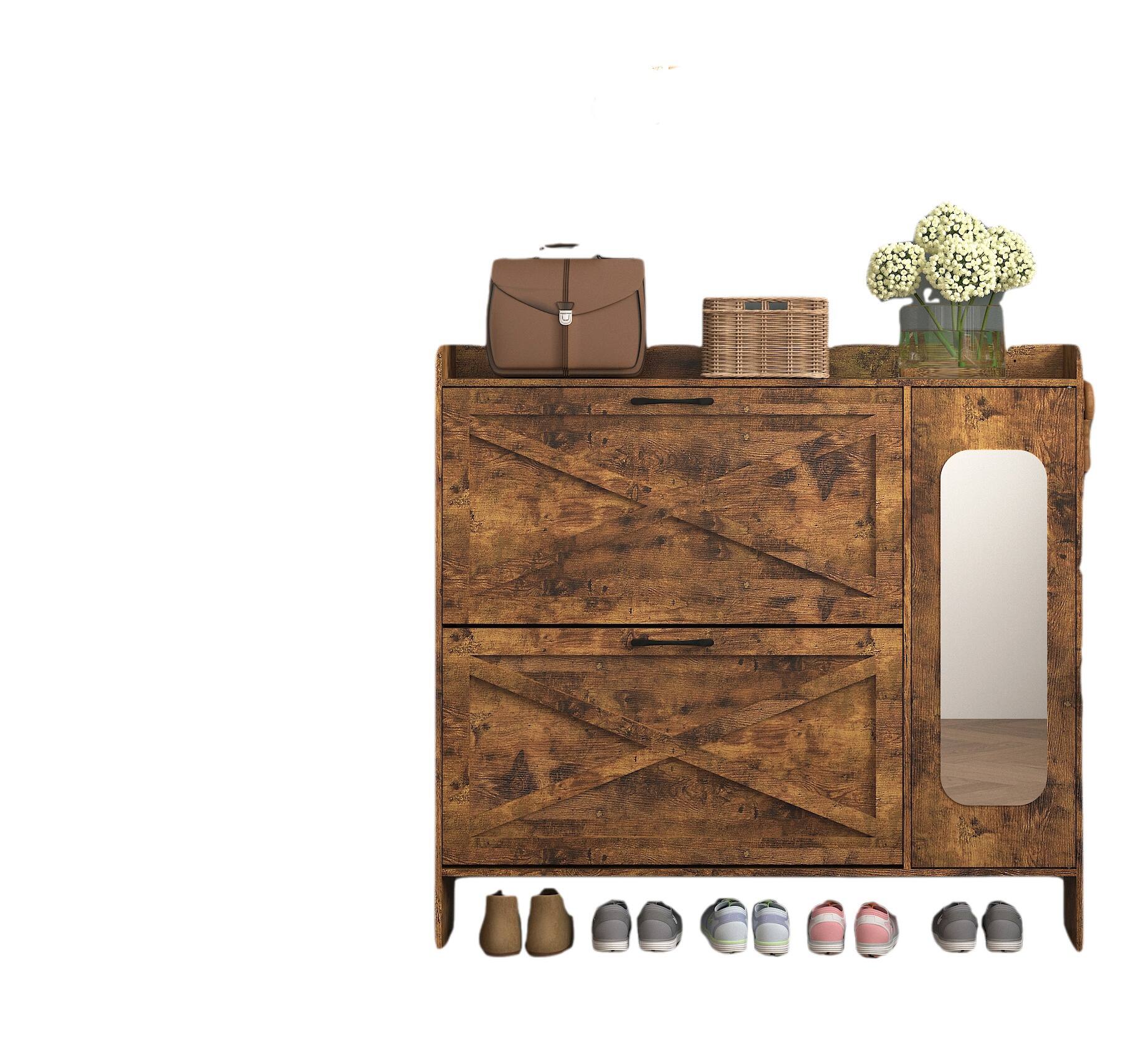 Front. Spaco - Spaco 2-Layer Shoe Storage Cabinet with Flip Drawers, Narrow Freestanding Shoe Rack Organizer with Metal Legs, Entryway - Brown.