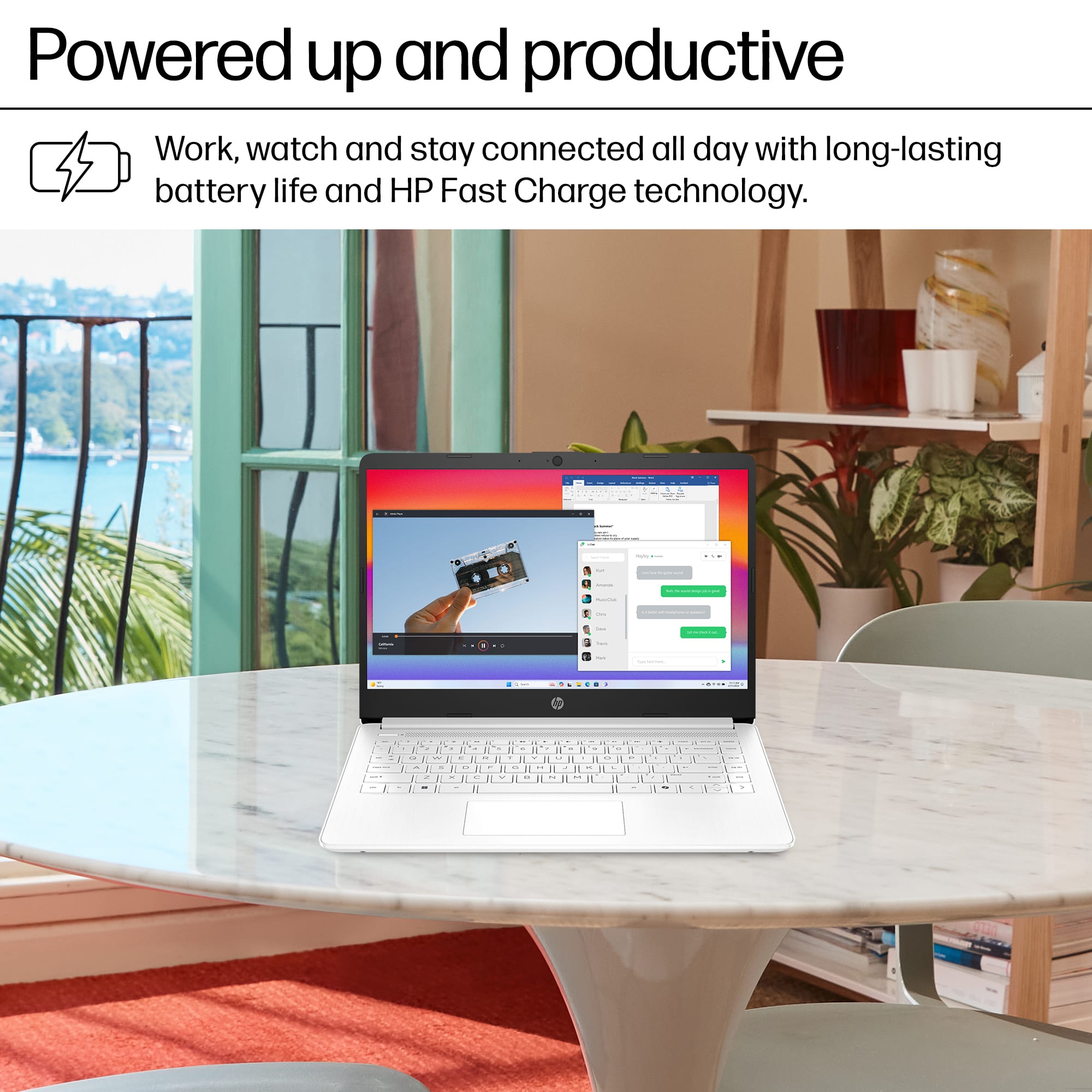 Powered up and productive. Work, watch and stay connected all day with long-lasting battery life and HP Fast Charge technology.