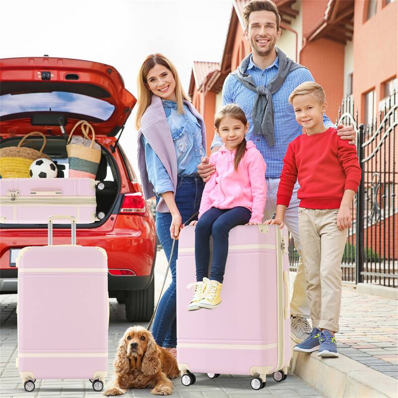 Angle. HTUTWOO - Hardshell Luggage Sets 4 Pieces - 20"+24"+28" Luggages and Cosmetic Case, Spinner Suitcase with TSA Lock, Lightweight - Light Pink.
