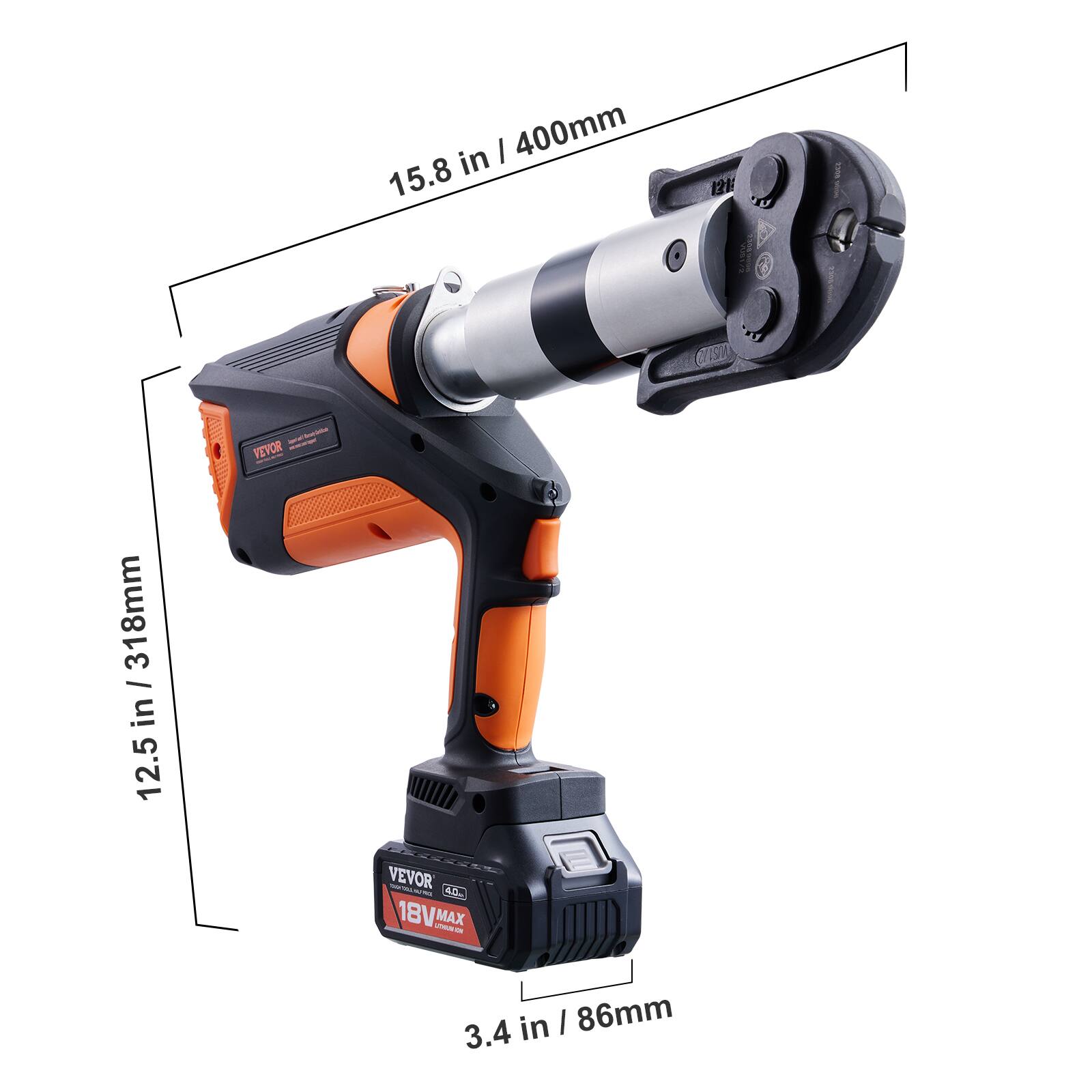 15.8 in / 400mm  
12.5 in / 318mm  
3.4 in / 86mm