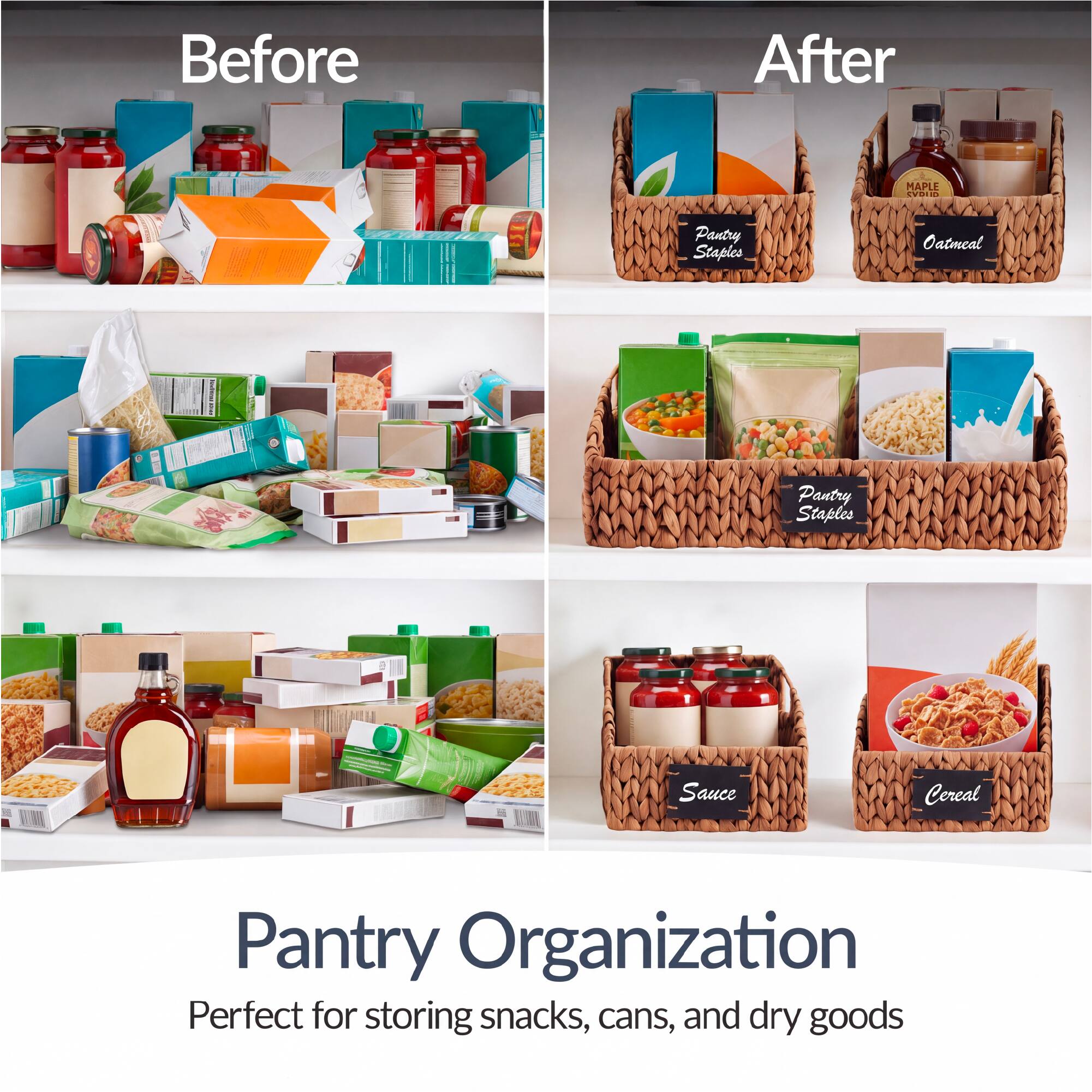 Before  
After  
MAPLE CVDID  
Pantry Staples  
Oatmeal  
Pantry Staples  
Sauce  
Cereal  
Pantry Organization  
Perfect for storing snacks, cans, and dry goods