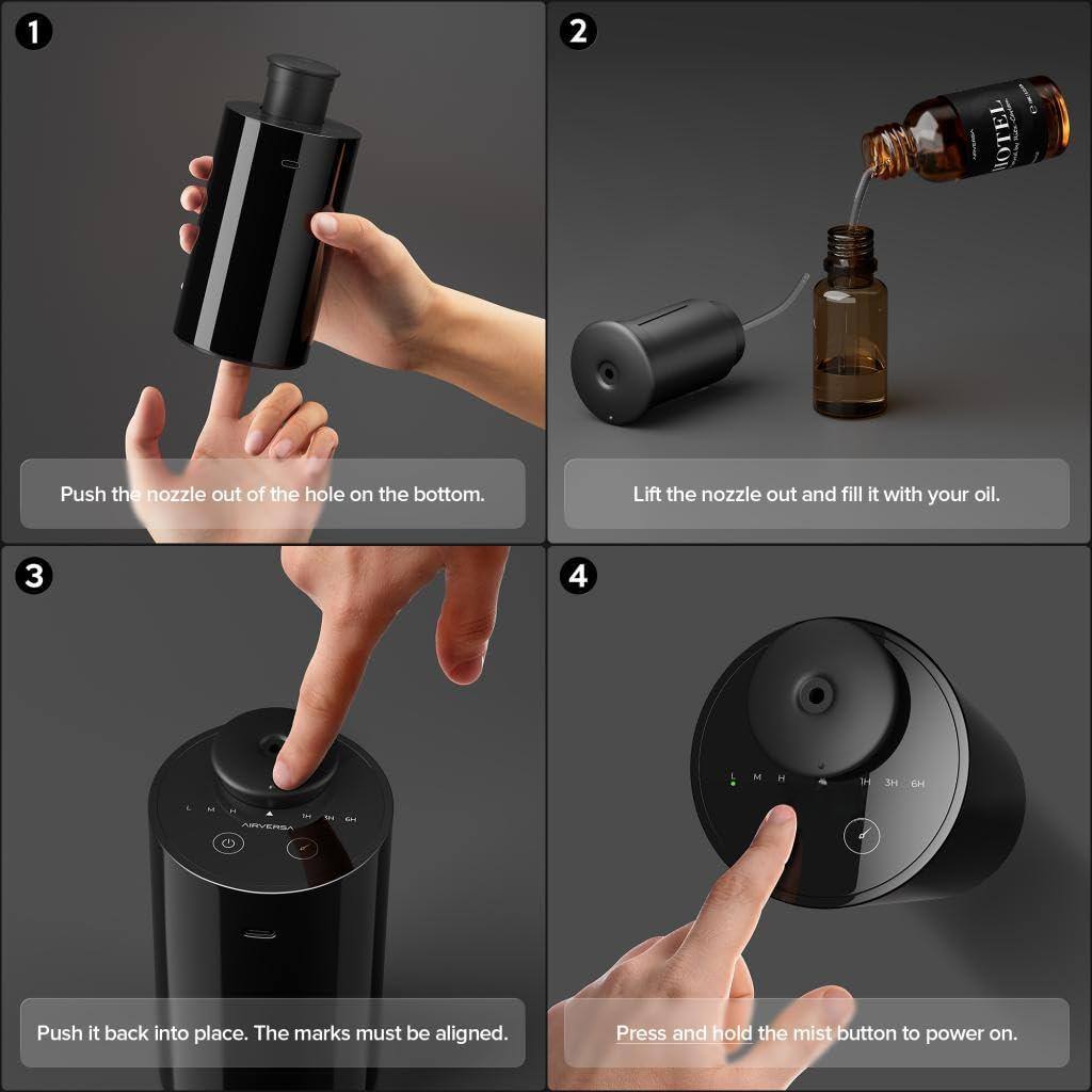 1. Push the nozzle out of the hole on the bottom.

2. Lift the nozzle out and fill it with your oil.

3. Push it back into place. The marks must be aligned.

4. Press and hold the mist button to power on.
