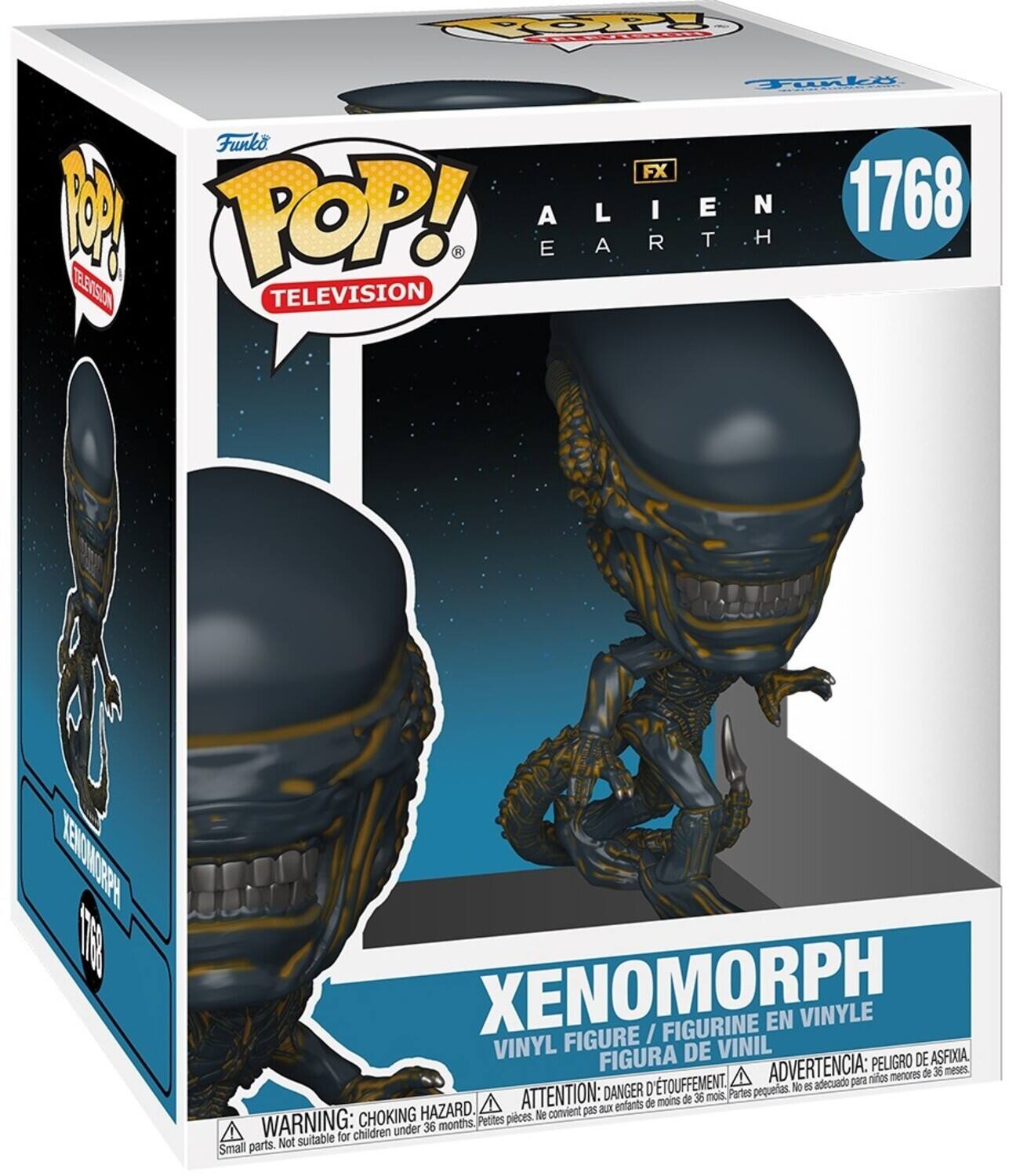 **Front:**
- POP! TELEVISION
- FX ALIEN EARTH
- 1768
- XENOMORPH
- VINYL FIGURE / FIGURINE EN VINYLE / FIGURA DE VINIL
- WARNING: CHOKING HAZARD - Small parts. Not suitable for children under 36 months.
- ATTENTION: DANGER D'ETOUFFEMENT - Petites pièces. Ne convient pas aux enfants de moins de 36 mois.
- ADVERTENCIA: PELIGRO DE ASFIXIA - Piezas pequeñas. No es adecuado para niños menores de 36 meses.

**Side:**
- POP! TELEVISION
- XENOMORPH
- 1768

**Top:**
- FX
- POP! TELEVISION

**Bottom:**
- WARNING: CHOKING HAZARD - Small parts. Not suitable for children under 36 months.
- ATTENTION: DANGER D'ETOUFFEMENT - Petites pièces. Ne convient pas aux enfants de moins de 36 mois.
- ADVERTENCIA: PELIGRO DE ASFIXIA - Piezas pequeñas