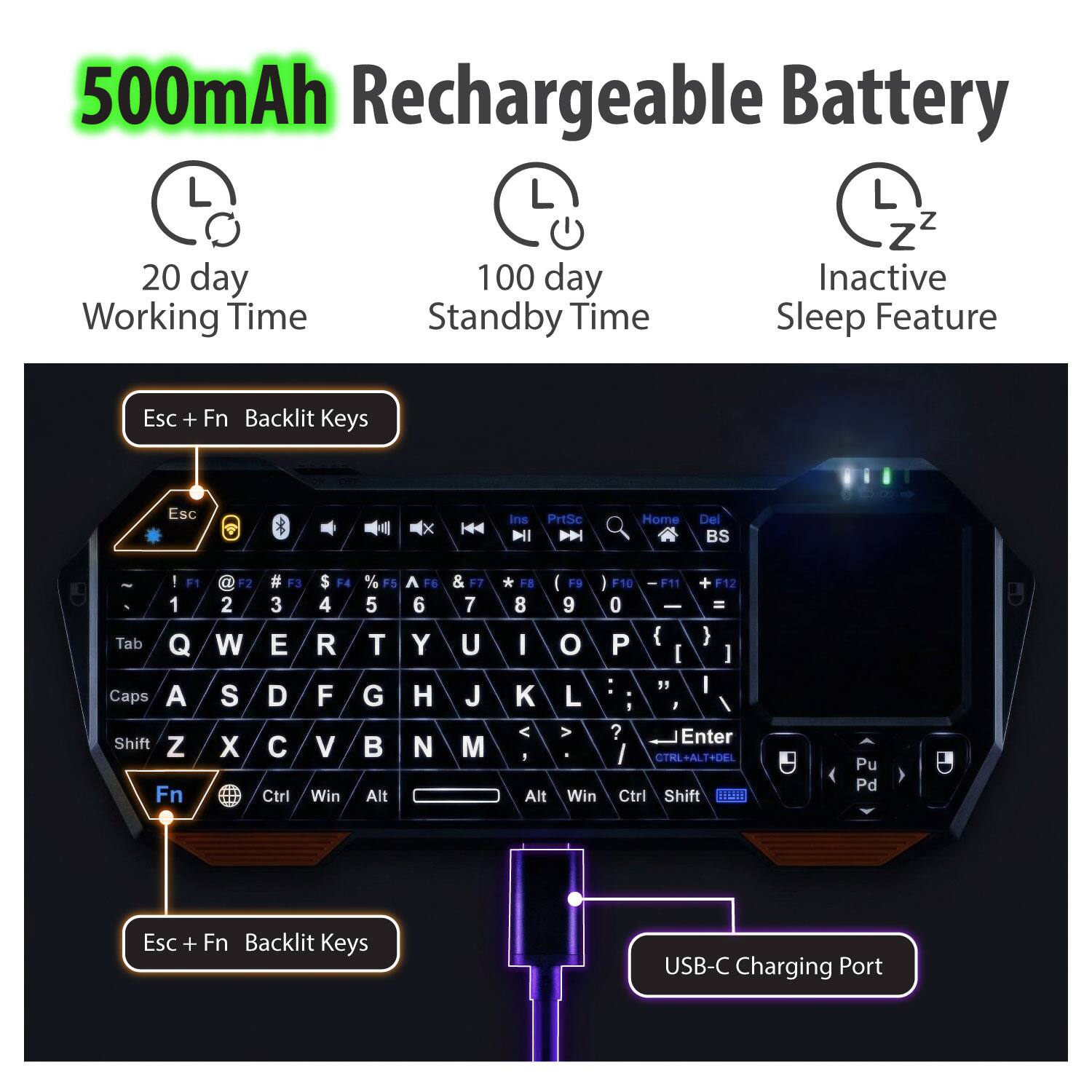 500mAh Rechargeable Battery

- 20 day Working Time
- 100 day Standby Time
- Inactive Sleep Feature

Esc + Fn Backlit Keys

USB-C Charging Port
