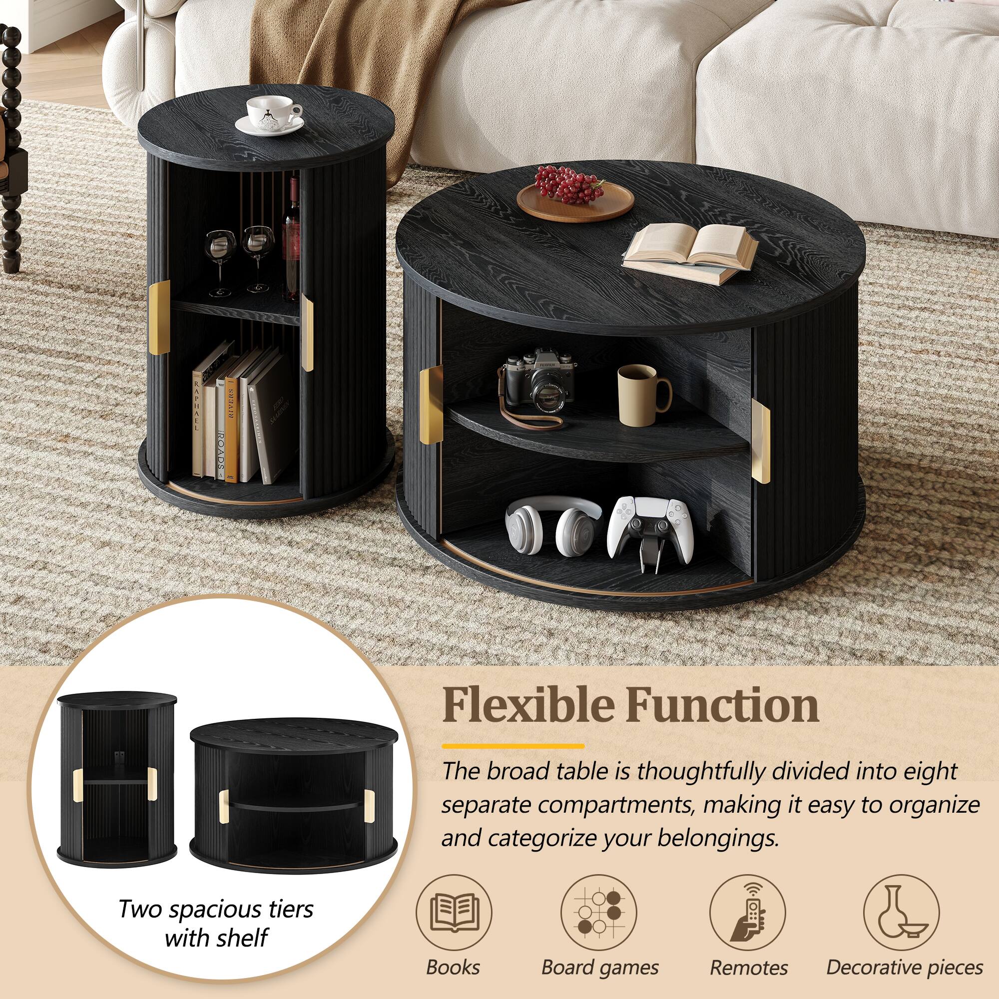 **Flexible Function**

The broad table is thoughtfully divided into eight separate compartments, making it easy to organize and categorize your belongings.

- Two spacious tiers with shelf
- Books
- Board games
- Remotes
- Decorative pieces