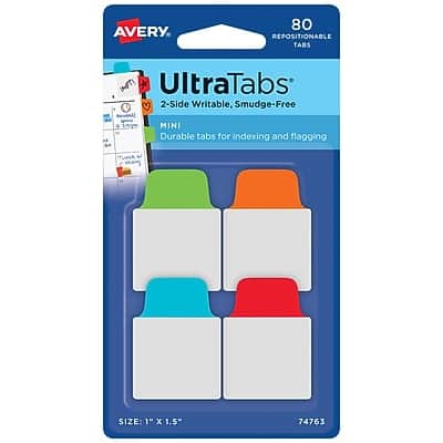 Avery - UltraTabs Repositionable Mini Tabs, 1" x 1.5" Colors, 20 Tabs/Pad, 4 Pads - Assorted