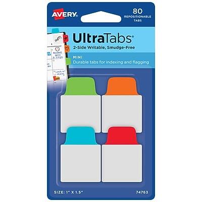 AVERY  
80 REPOSITIONABLE TABS  
UltraTabs  
2-Side Writable, Smudge-Free  
MINI  
Durable tabs for indexing and flagging  
SIZE: 1" x 1.5"  
74763