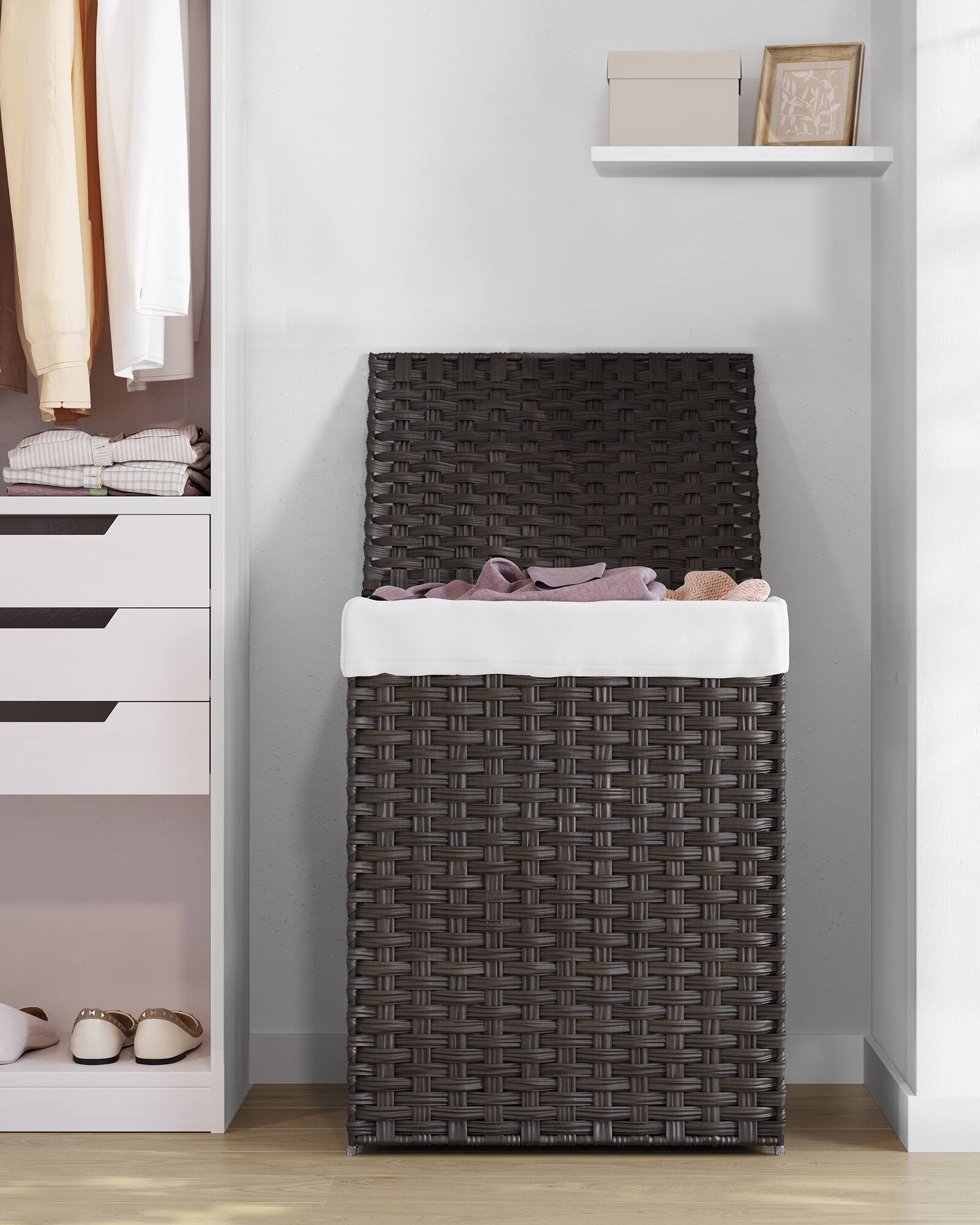 Alt View 5. Songmics Home - Laundry Hamper with Lid, 23.8 Gallon (90 L) Synthetic Rattan Clothes Laundry Basket with Lid and Handles, Foldable - Chestnut Brown.