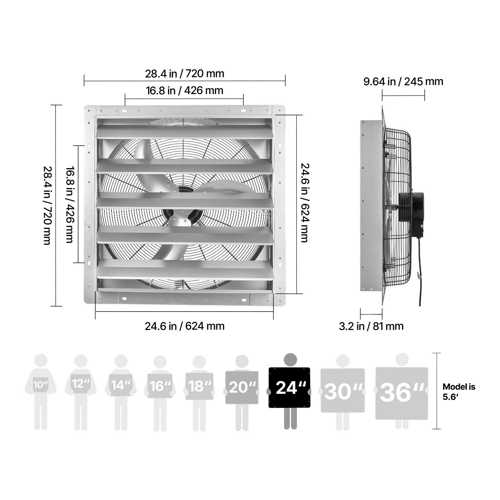 28.4 in / 720 mm  
16.8 in / 426 mm  
9.64 in / 245 mm  
24.6 in / 624 mm  
3.2 in / 81 mm  

10" 12" 14" 16" 18" 20" 24" 30" 36"  

Model is 5.6'