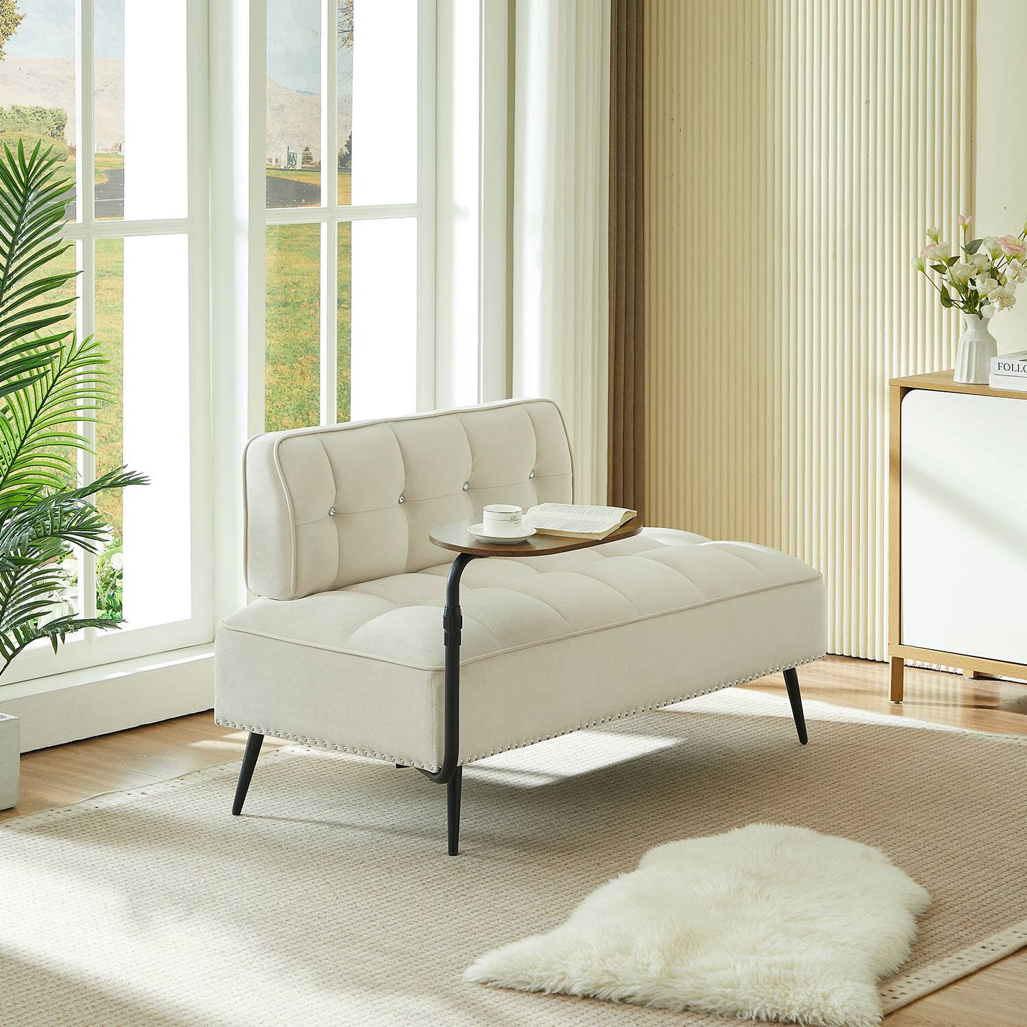 Left. MERAVOM - 54" Comfy Velvet Loveseat Sofa, 2 Seater Deep Seat Couch with Backrest & 360° Rotating Side Table for Living Room Office - Beige.