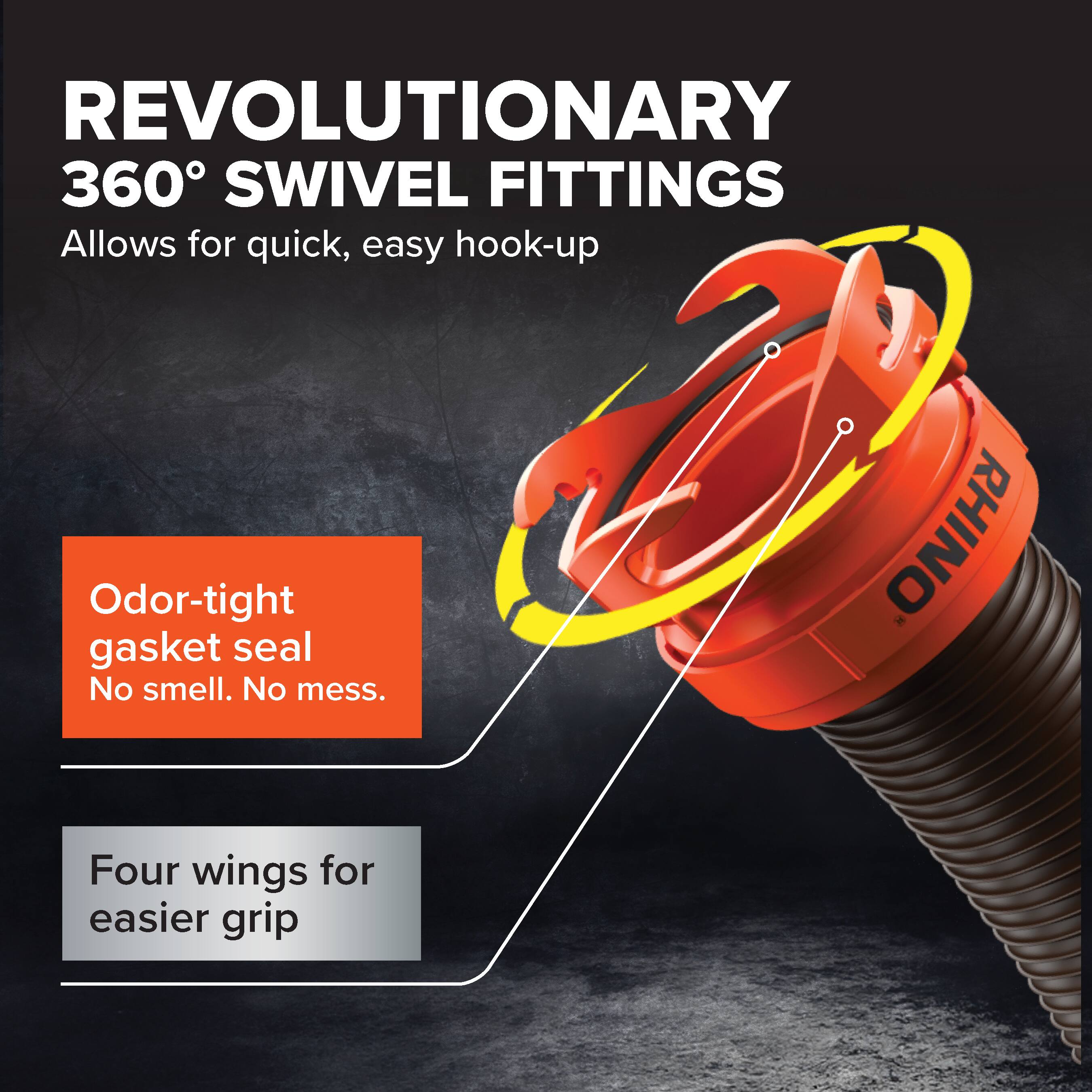 REVOLUTIONARY 360° SWIVEL FITTINGS  
Allows for quick, easy hook-up  
Odor-tight gasket seal  
No smell. No mess.  
Four wings for easier grip
