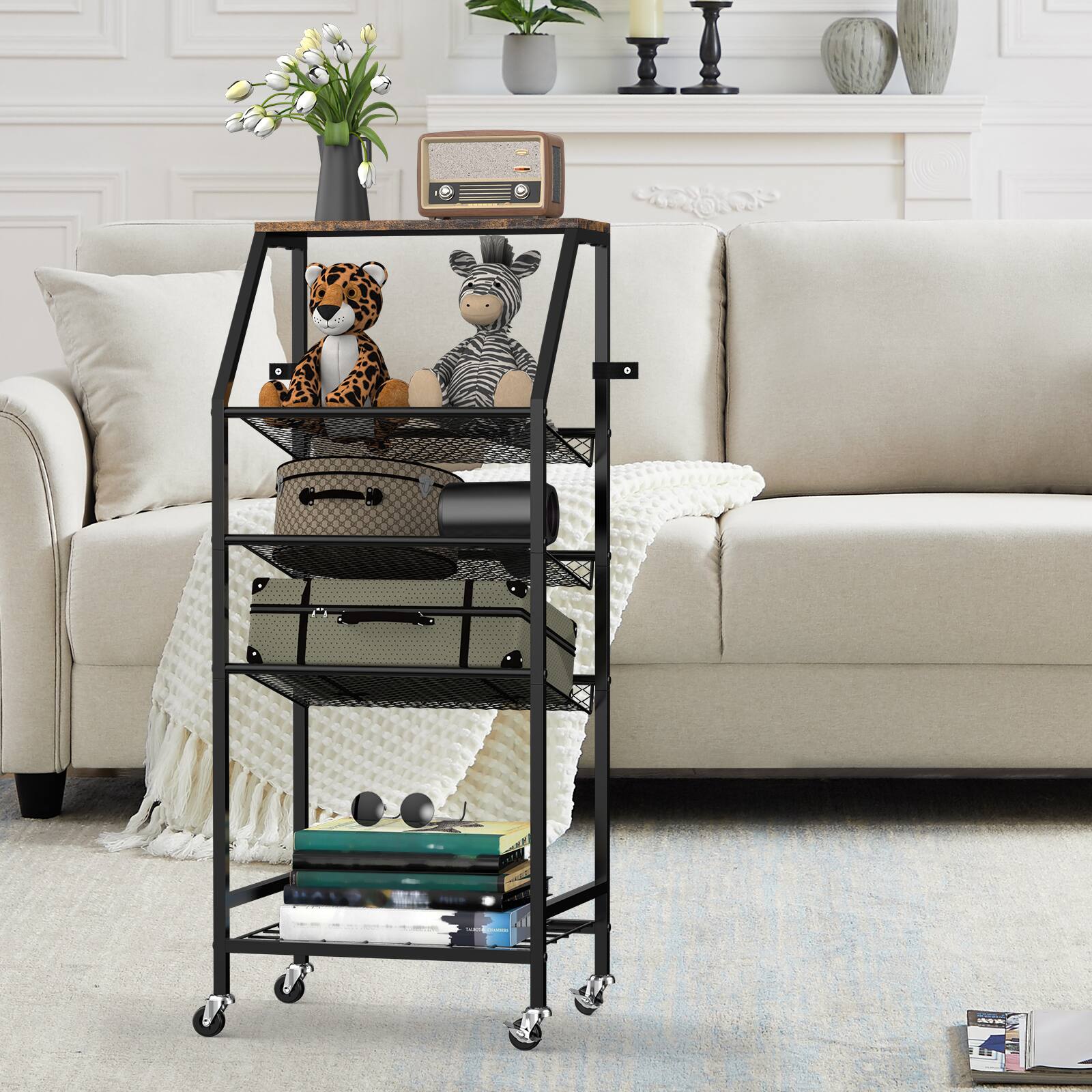Angle. Oumilen - 5-Tier Rolling Bathroom Storage Cart with Black Metal Frame and Wood Top, Brown - Brown.