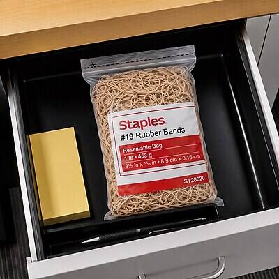Staples #19 Rubber Bands  
Resealable Bag  
1 lb - 453 g  
3 1/2 in x 8.9 cm x 1/1/2 in  
ST28620