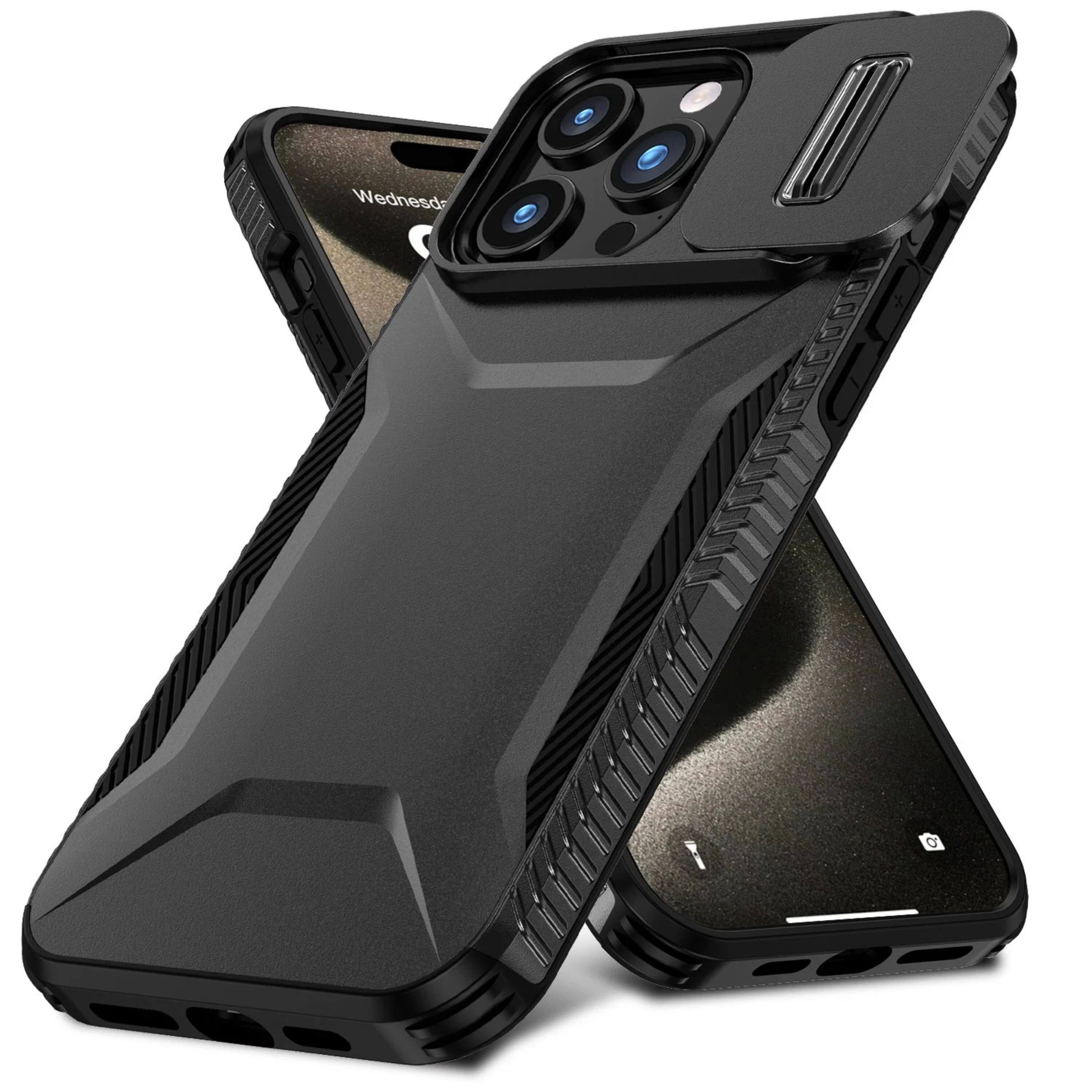 Angle. Kitcheniva - Rugged Sliding Lens Cover Case With Tempered Glass For iPhone 15 Pro Max Black - Black.