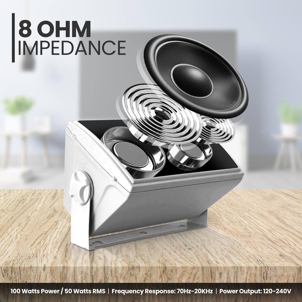 8 OHM IMPEDANCE

100 Watts Power / 50 Watts RMS | Frequency Response: 70Hz-20KHz | Power Output: 120-240V