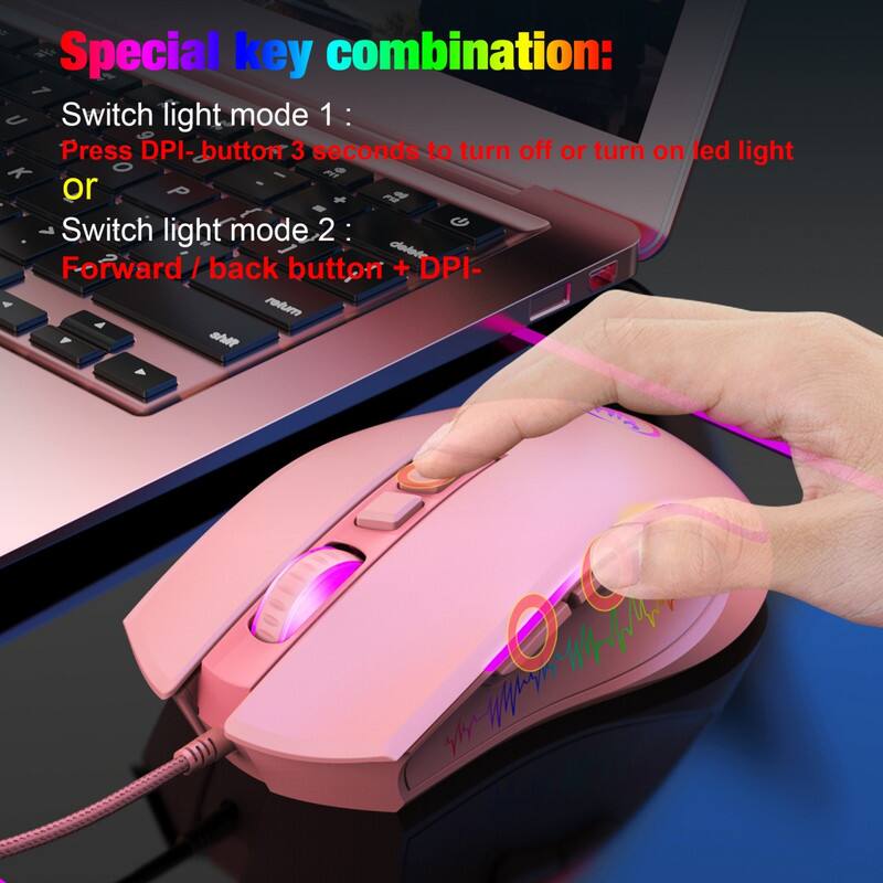 Special key combination:

Switch light mode 1:
Press DPI- button 3 seconds to turn off or turn on led light

or

Switch light mode 2:
Forward / back button + DPI-