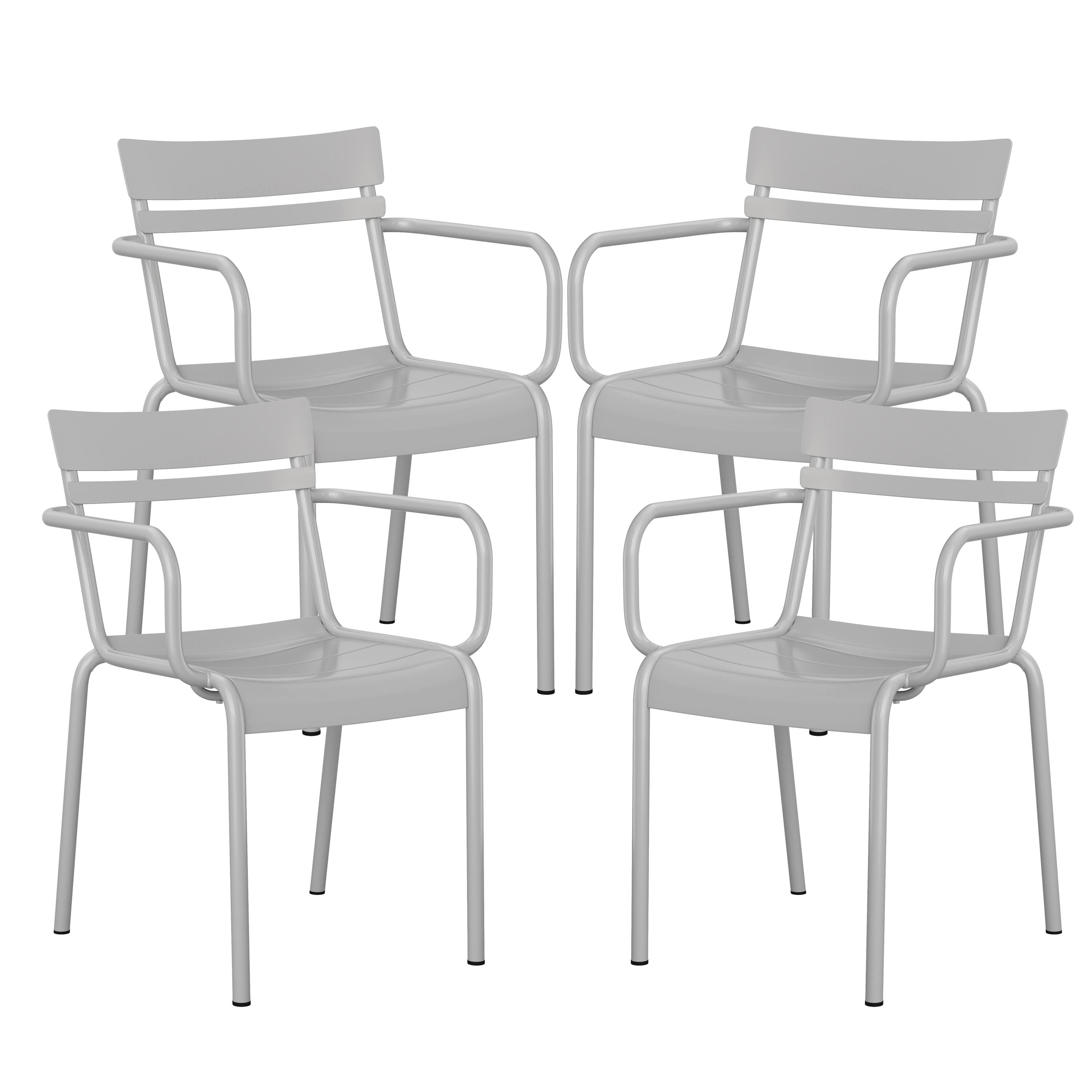 Alt View 1. Emma + Oliver - Rennes Powder Coated Steel Stacking Dining Chair with Arms and 2 Slat Back for Indoor-Outdoor Use - Silver.