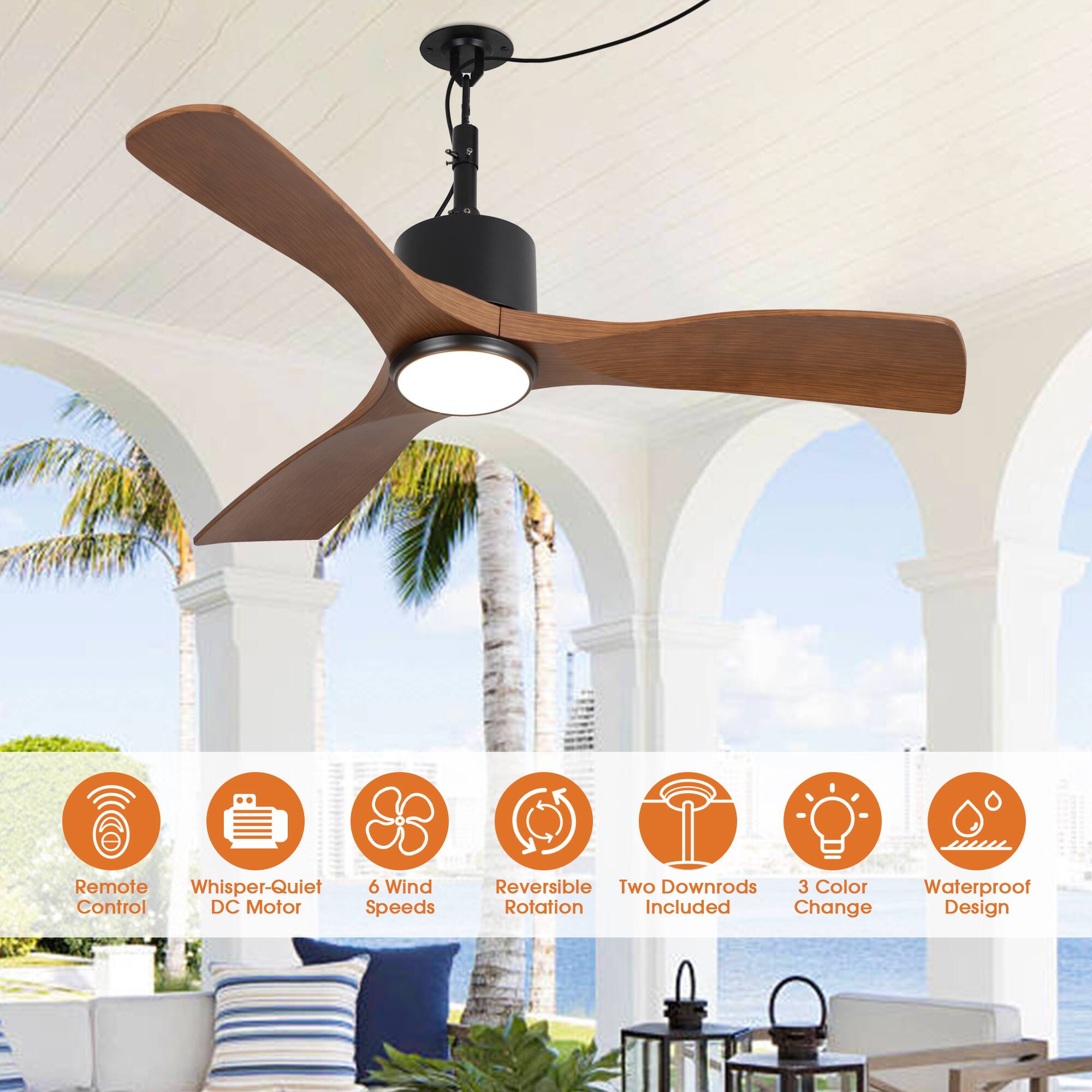 Remote Whisper-Quiet DC Motor 6 Wind Speeds Reversible Rotation Two Downrods 3 Color Change Waterproof Design Included