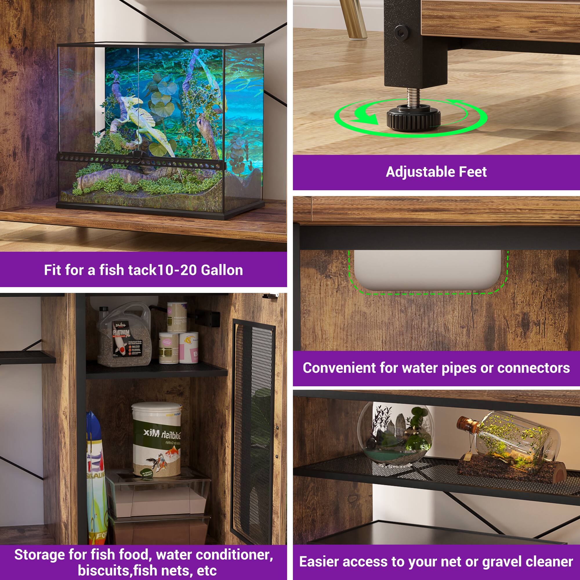 - Fit for a fish tank 10-20 Gallon
- Adjustable Feet
- Convenient for water pipes or connectors
- Storage for fish food, water conditioner, biscuits, fish nets, etc
- Easier access to your net or gravel cleaner