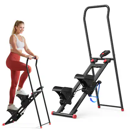 Front. MERACH - MERACH Vertical Climber Stair Stepper Machine Full Body Workout Home Gym Exercis Adjustable Handlebar & Pedals - Black and red.