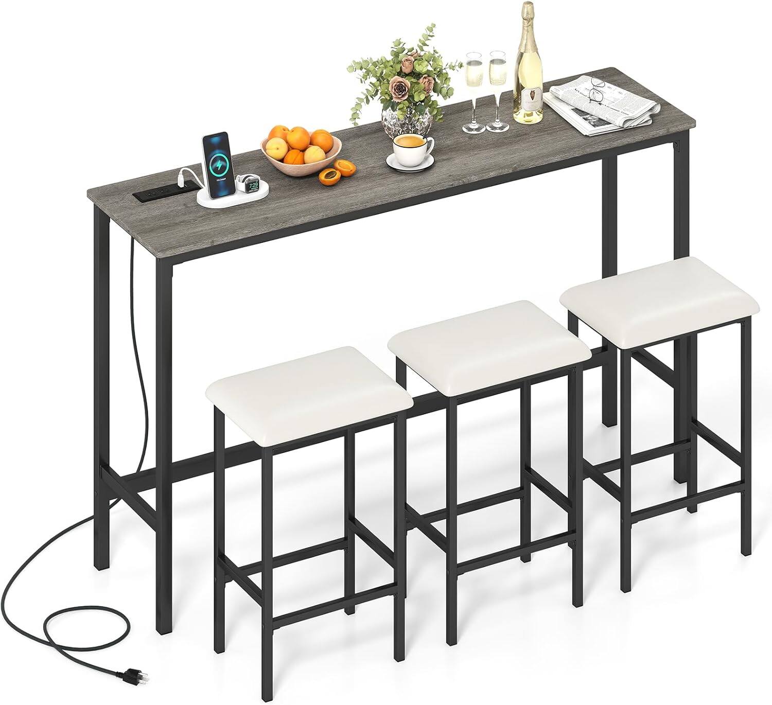 Gymax - 4PCS Counter Height Bar Table w/Power Outlet 3 Padded Stools for Breakfast Nook - Gray price history on PriceWatchPro