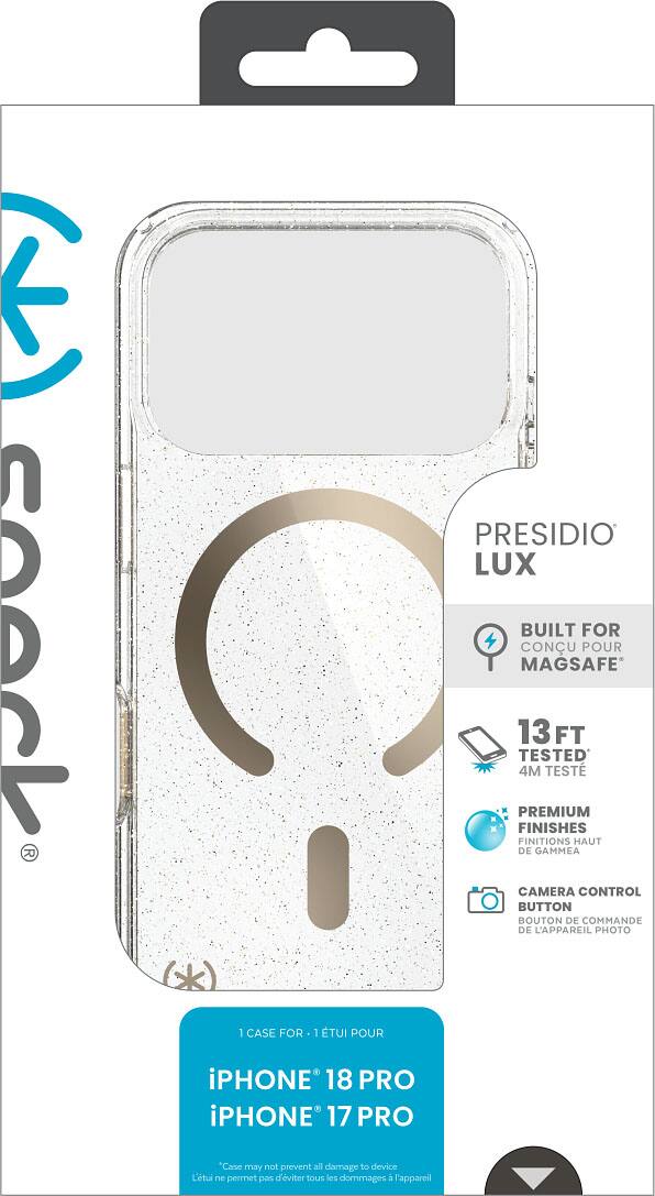PRESIDIO LUX  
BUILT FOR MAGSAFE  
TESTED 13FT  
PREMIUM FINISHES  
CAMERA CONTROL  
CASE FOR iPHONE 18 PRO  
iPHONE 17 PRO