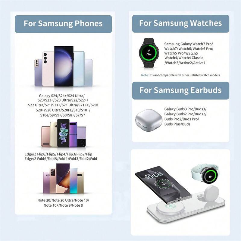 For Samsung Phones  
Galaxy S24/S24+/S24 Ultra/ S23/S23+/S23 Ultra/S22/S22+/ S22 Ultra/S21/S21+/S21 Ultra/S21 FE/S20/ S20+/S20 Ultra/S20FE/S10/S10+/ S10e/S9/S9+/S8/S8+/S7/S7+  

For Samsung Watches  
Samsung Galaxy Watch7 Pro/ Watch7/Watch6/Watch6 Pro/ Watch5 Pro/Watch5 Watch4/Watch4 Classic /Watch3/Active2/Active1  
Note: It's not compatible with other unlisted watch models  

For Samsung Earbuds  
Galaxy Buds3 Pro/Buds3/ Galaxy Buds2 Pro/Buds2/ Buds Pro2/Buds Pro/ Buds Plus/Buds Edge  

Other Models  
Edge/Z Flip6/Flip5/Flip4/Flip3/Flip2/Flip Edge/Z Fold6/Fold5/Fold4/Fold3/Fold2/Fold  

Note 20/Note 20 Ultra/Note 10/ Note 10+/Note 