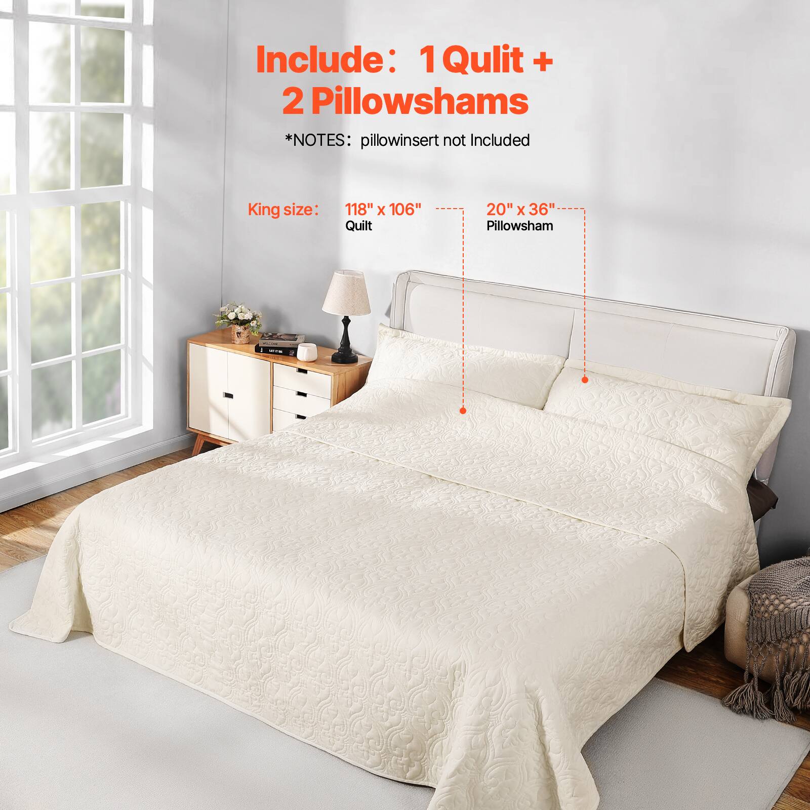 Include: 1 Quilt + 2 Pillowshams  
*NOTES: pillow insert not included  

King size:  
Quilt: 118" x 106"  
Pillowsham: 20" x 36"