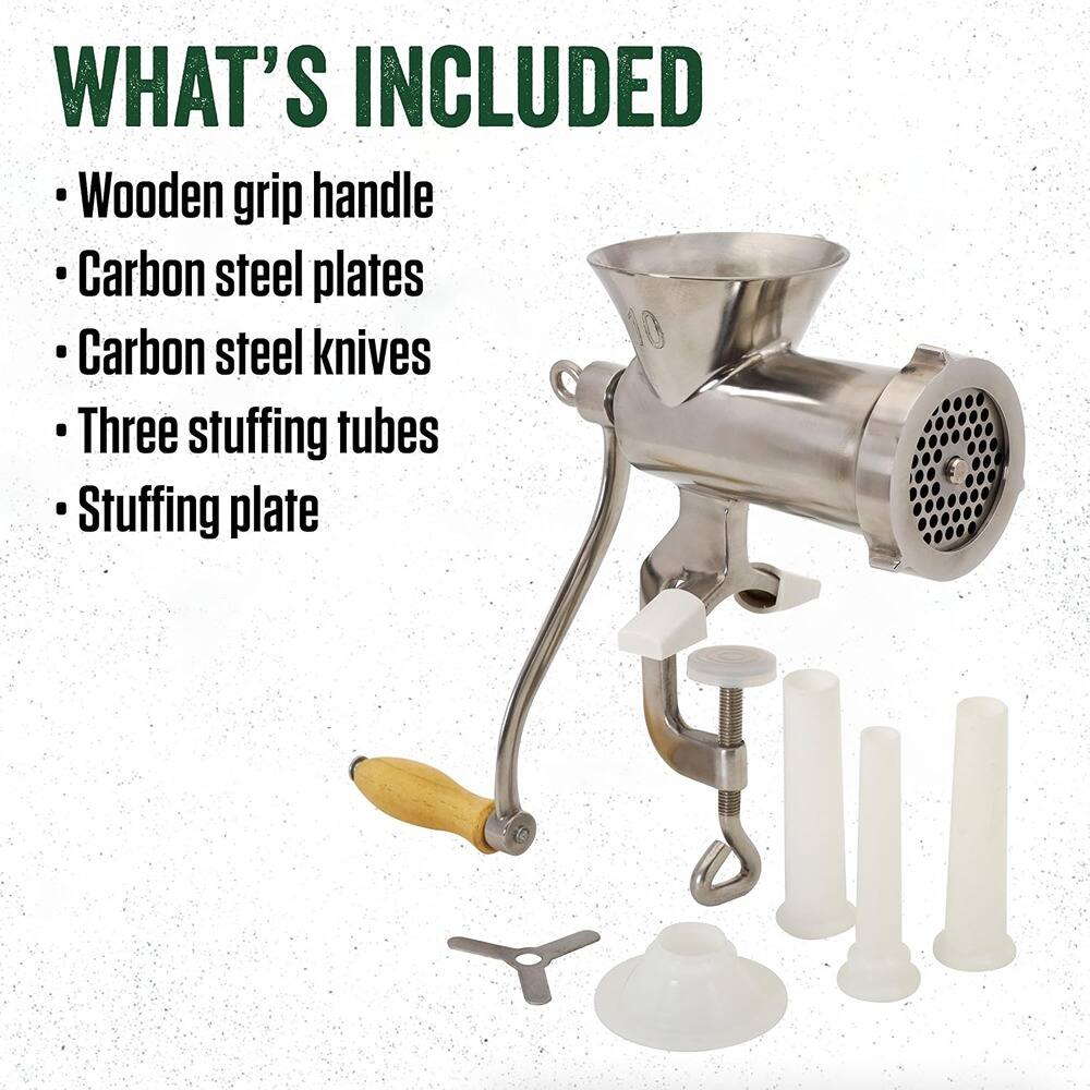 WHAT'S INCLUDED

- Wooden grip handle
- Carbon steel plates
- Carbon steel knives
- Three stuffing tubes
- Stuffing plate