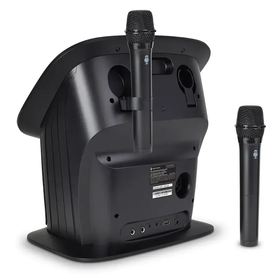 The image features a black microphone stand with two microphones attached to it. The microphones are positioned at different heights, with one being higher than the other. The stand is designed to hold the microphones securely and provide a stable platform for them. The microphones are likely used for various purposes, such as recording or amplifying sound during events or performances.