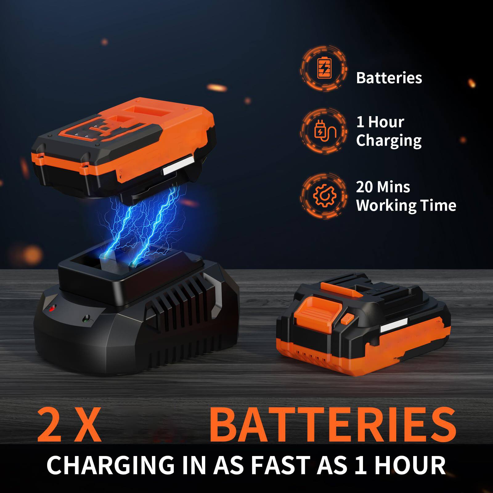 Batteries  
1 Hour Charging  
20 Mins Working Time  

2 X BATTERIES  
CHARGING IN AS FAST AS 1 HOUR