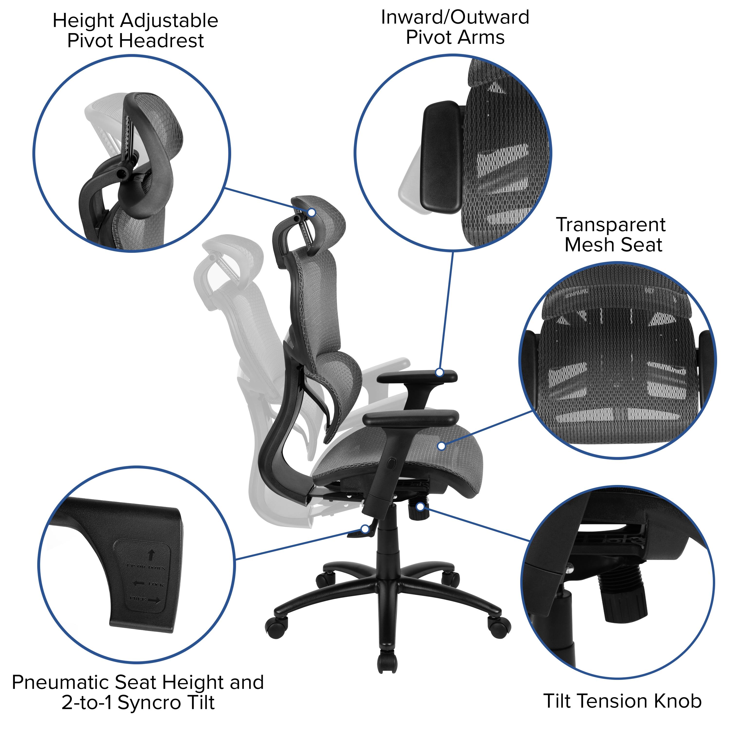 Height Adjustable Pivot Headrest  
Inward/Outward Pivot Arms  
Transparent Mesh Seat  
Pneumatic Seat Height and 2-to-1 Syncro Tilt  
Tilt Tension Knob