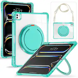 Dteck - For Apple iPad Pro (M5) 13" 2025 & (M4) 2024 Case,Clear Rugged Shockproof Cover w/ 360° Kickstand Handle+Shoulder Strap - Lightgreen