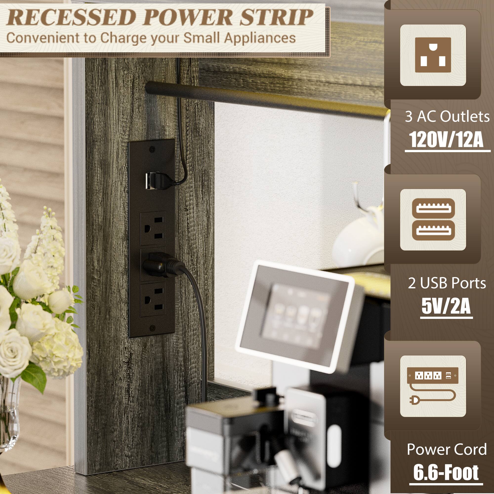 RECESSED POWER STRIP  
Convenient to Charge your Small Appliances  

- 3 AC Outlets  
  120V/12A  

- 2 USB Ports  
  5V/2A  

- Power Cord  
  6.6-Foot