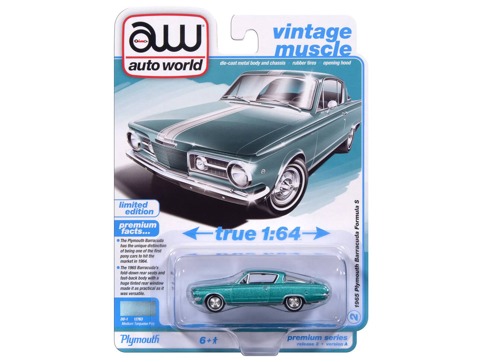 Vintage muscle die-cast metal body and chassis, rubber tires, opening hood. Auto World limited edition premium facts... The Plymouth Barracuda has the unique distinction of being one of the first pony cars to hit the market in 1964. The 1965 Barracuda's fold-down rear seats and fast-back body with a huge tinted rear window made it as practical as it was versatile. DD-1 12763 Medium Turquoise Poly true 1:64 S Formula Barracuda Plymouth 1965 2 Plymouth 6+* premium series release 3 version A