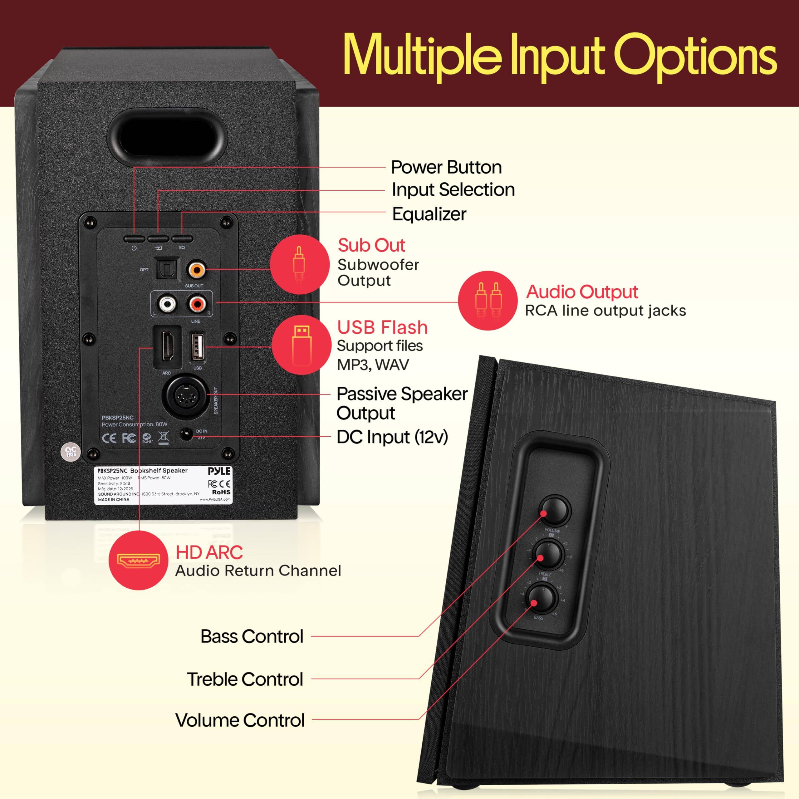 Multiple Input Options

- Power Button
- Input Selection
- Equalizer
- Sub Out
  - Subwoofer Output
- USB Flash
  - Support files MP3, WAV
- Passive Speaker Output
- DC Input (12v)
- Audio Output
  - RCA line output jacks
- HD ARC
  - Audio Return Channel
- Bass Control
- Treble Control
- Volume Control
