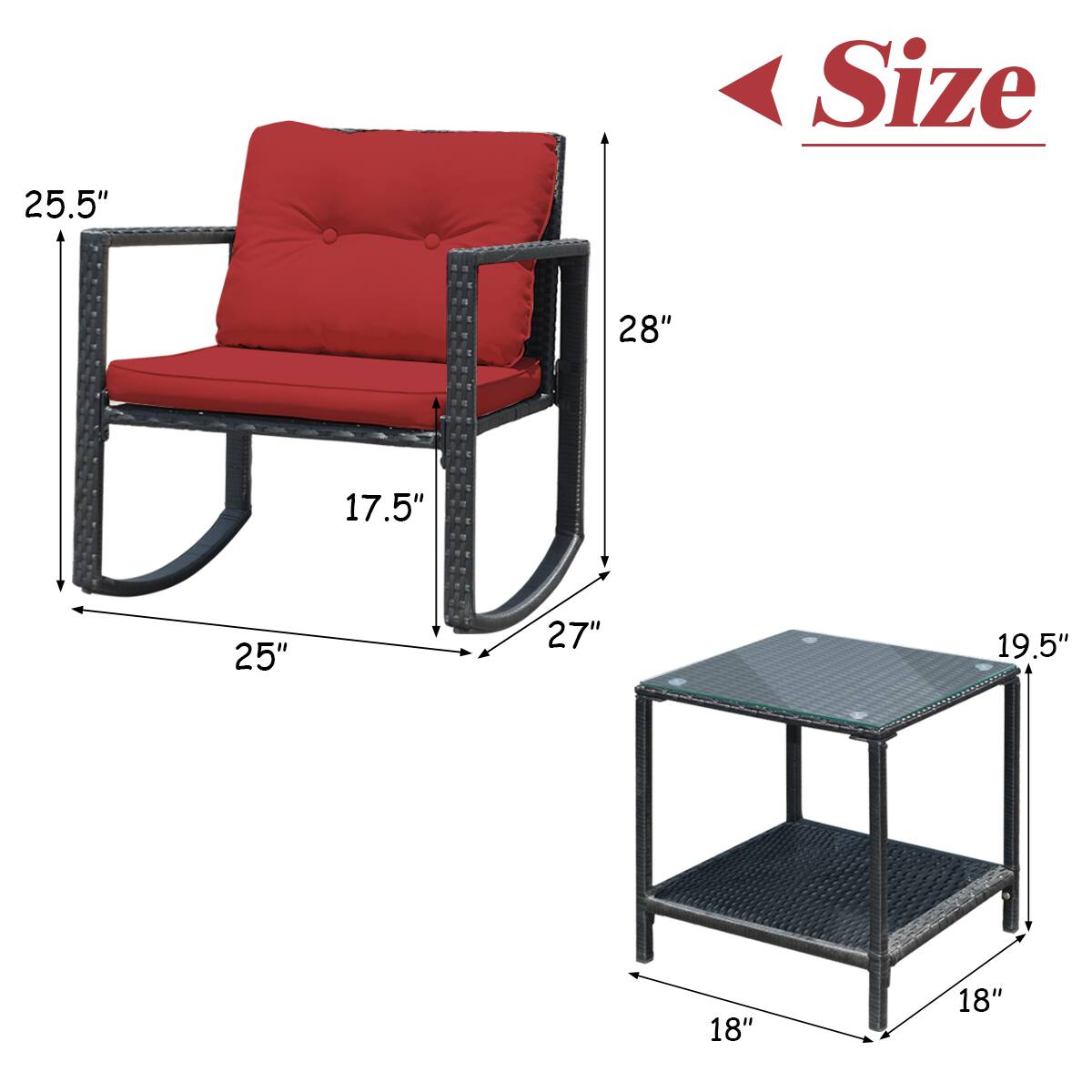 The text on the image reads "25.5" Size 28" 17.5" 25" 27" 19.5" 18" 18". This information is likely related to the dimensions of a chair or a piece of furniture.