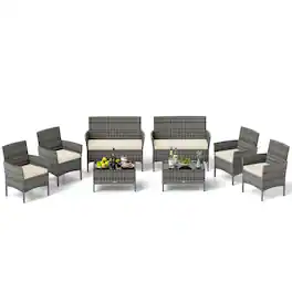 Gymax - Set Of 8 Patio Furniture Set w/Washable Cushions & Tempered Glass Coffee Table Beige - Mix Gray, Beige