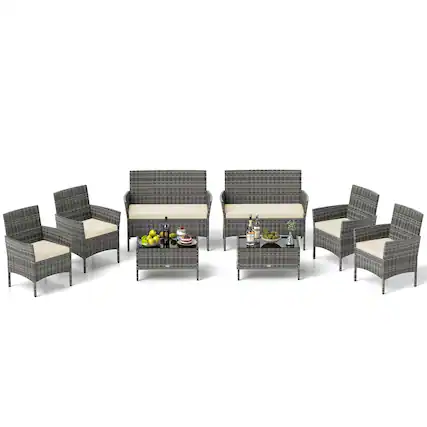 Front. Gymax - Gymax Set Of 8 Patio Furniture Set w/Washable Cushions & Tempered Glass Coffee Table Beige - Mix Gray, Beige.