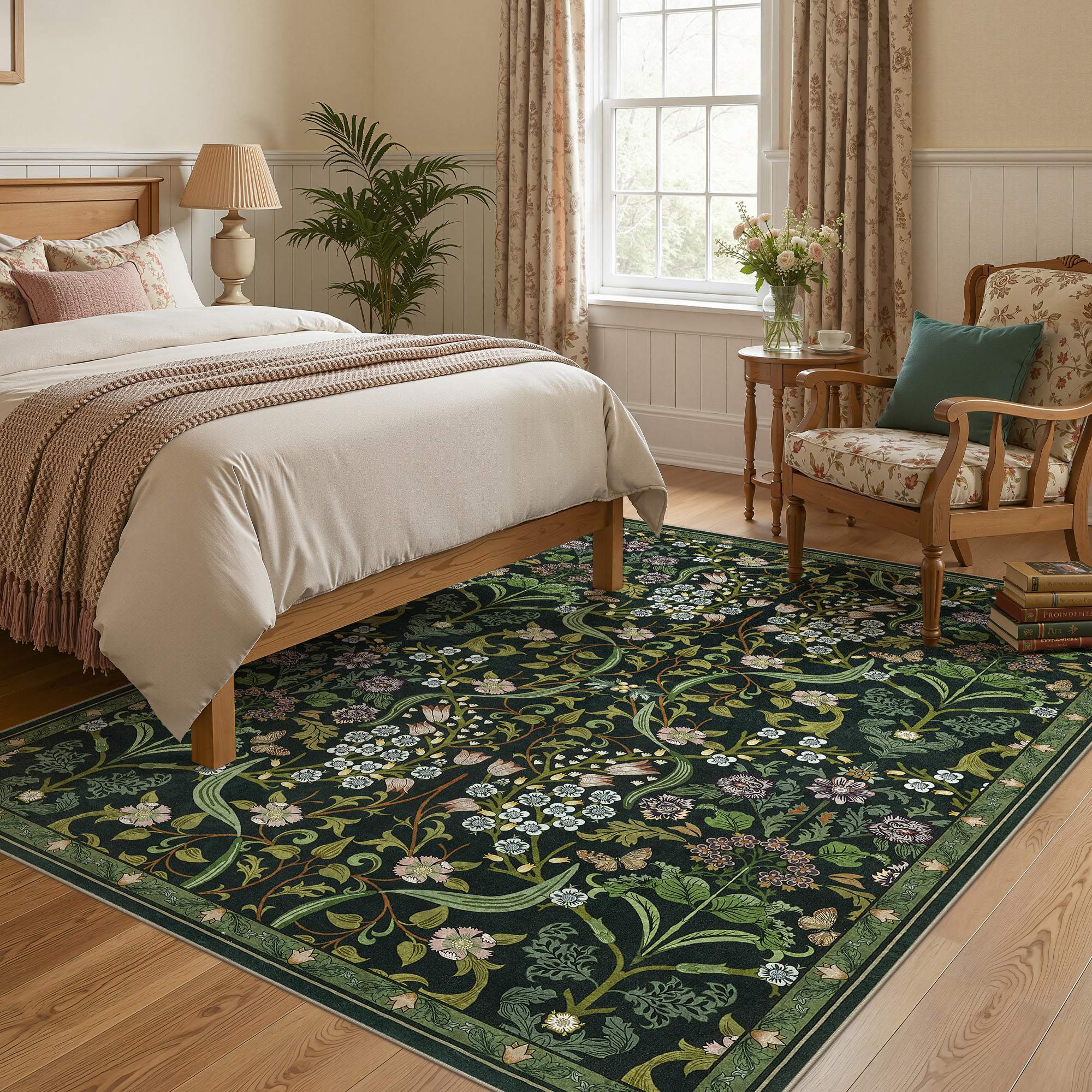 Angle. Yardgrace - 8'x10' ft Floral Bohemian Area Rug, Vintage Washable Printed Boho Carpet for Living Room Bedroom - Green.