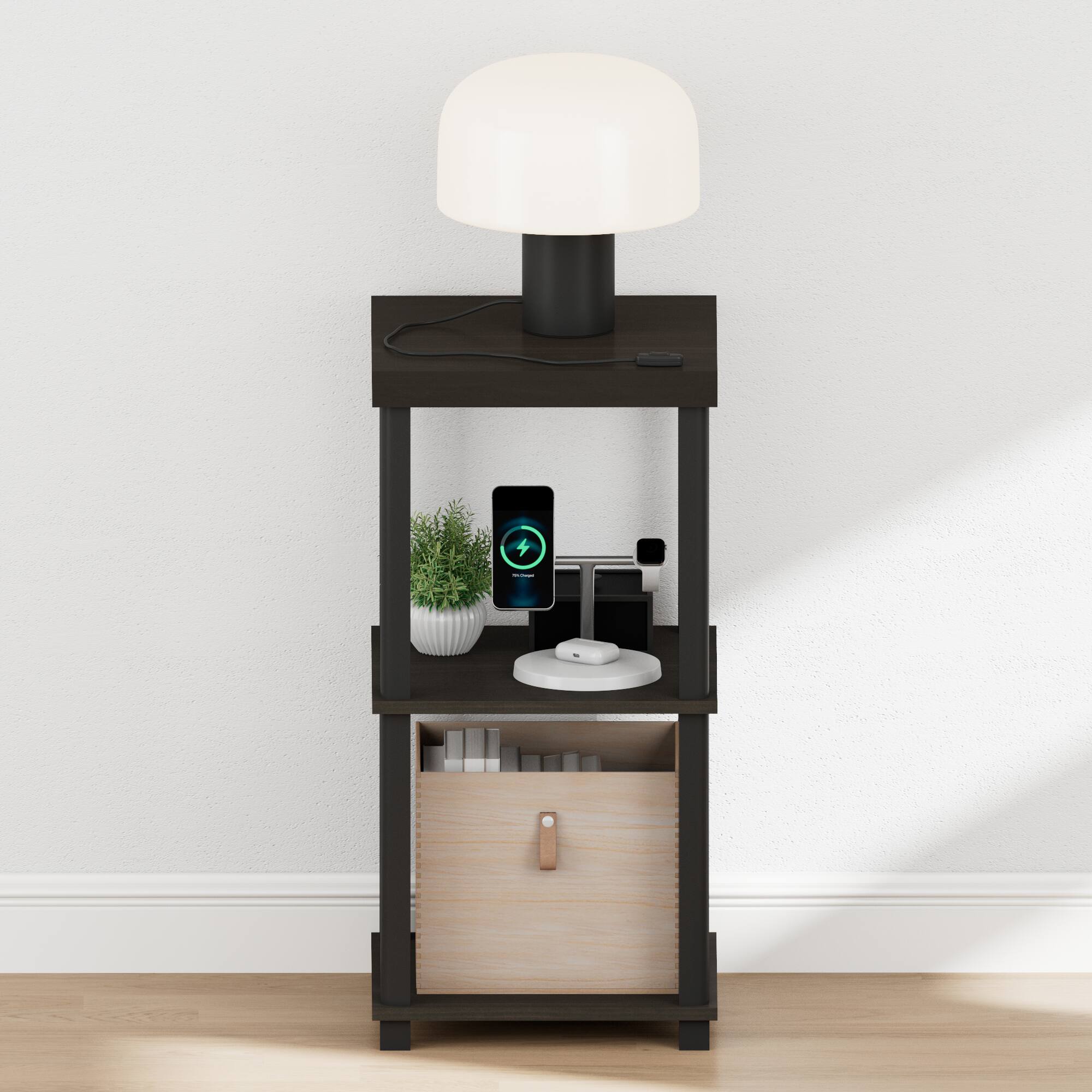 Alt View 4. Furinno - TURN-N-TUBE Night Stand, 3-Tier Thick Tabletop Nightstand with Open Shelf, Toolless Assembly Side Table, Bedside Table - Espresso/Black.