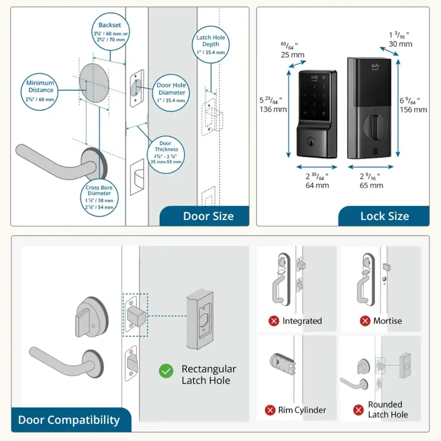 The image shows a diagram of a door with various lock options and their specifications. The diagram includes a mortise lock, a rim cylinder, and a rectangular latch hole. The mortise lock is a type of door lock that is installed within the door itself, while the rim cylinder is a lock that is installed on the door's surface. The rectangular latch hole is a type of door lock that is designed to be integrated with the door's handle.

The image also provides information on the door's compatibility with different lock options, including the backset, latch hole depth, and door size. The backset is the distance between the door edge and the strike plate, while the latch hole depth is the distance from the door's surface to the bottom of the latch hole. The door size is the width of the door, which is important for ensuring that the lock fits properly.

Overall, the image provides a comprehensive guide to understanding the various lock options available for doors and their compatibility with different door sizes and configurations.