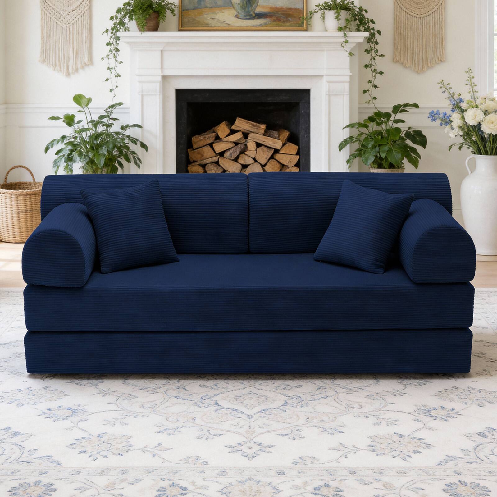 Angle. Anysun - Corduroy Convertible Sleeper Sofa Bed - Folding Mattress Couch with Fixed Frame for Living Room & Bedroom - Blue.