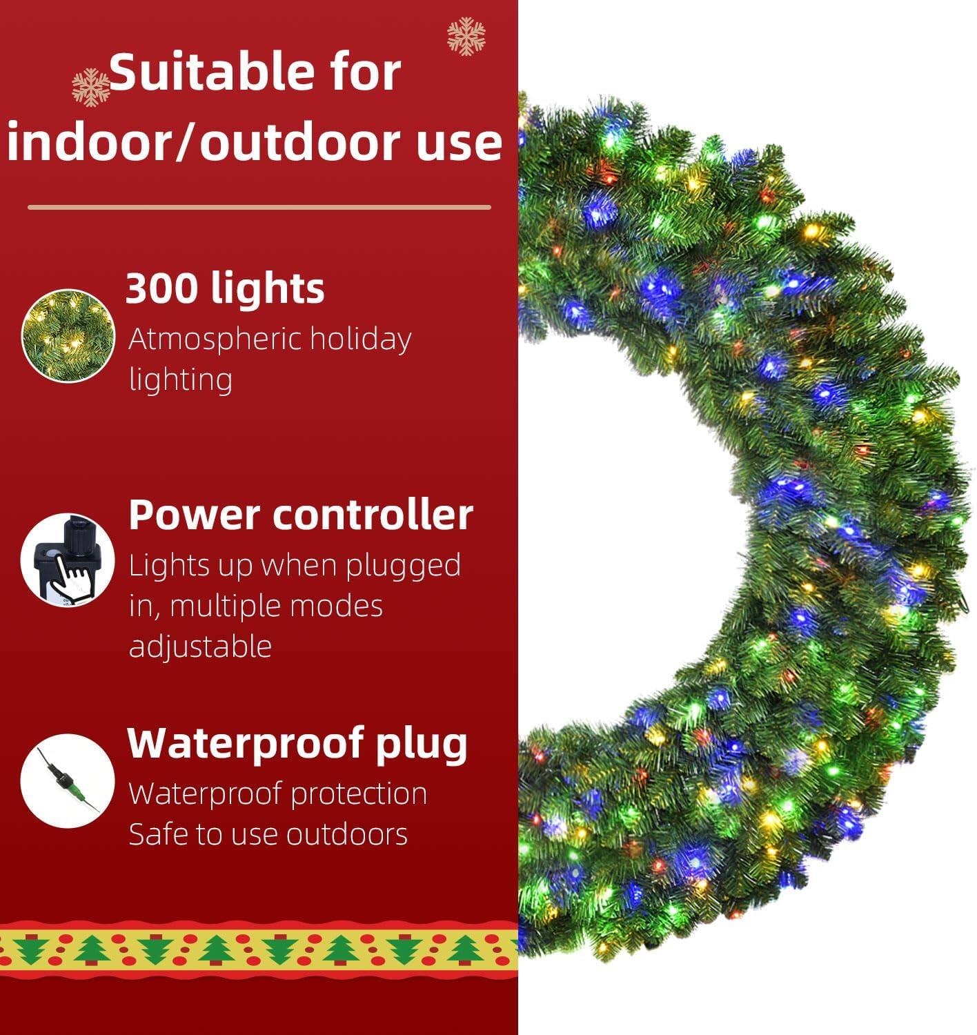 Oumilen 60 Inch Pre Lit Christmas Wreath – 300 Dual Color LED Lights ...